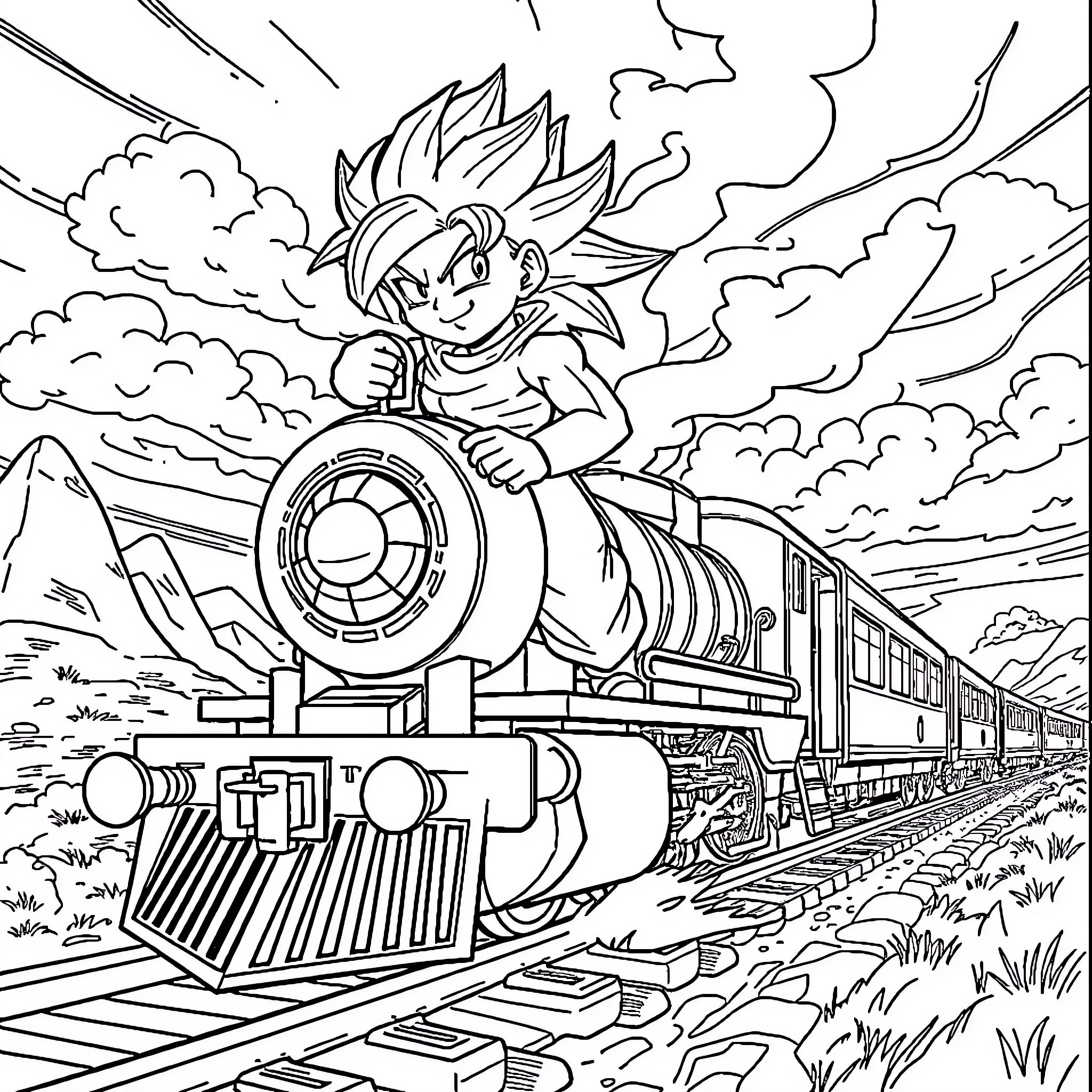 Dragon Warrior riding a Powerful Steam Train Coloring Page (free black-and-white line drawing printable PDF for all, from beginners to advanced learners, including children, teens, adults, and seniors)