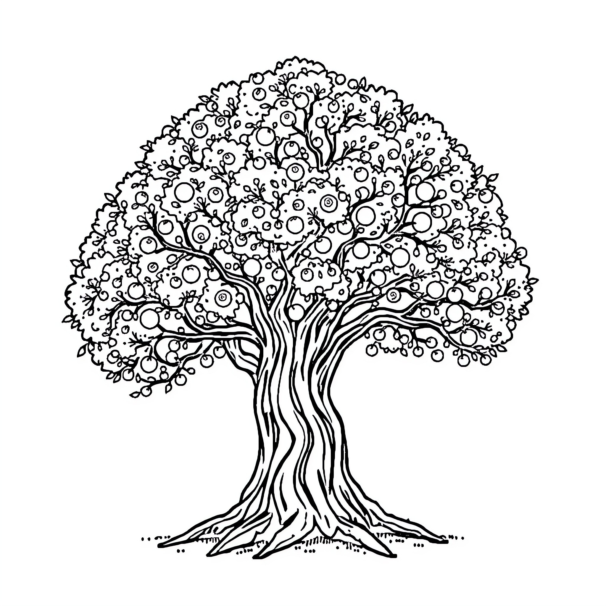 Tree of Life with Intricate Branches and Foliage Coloring Page (free black-and-white line drawing printable PDF for all, from beginners to advanced learners, including children, teens, adults, and seniors)