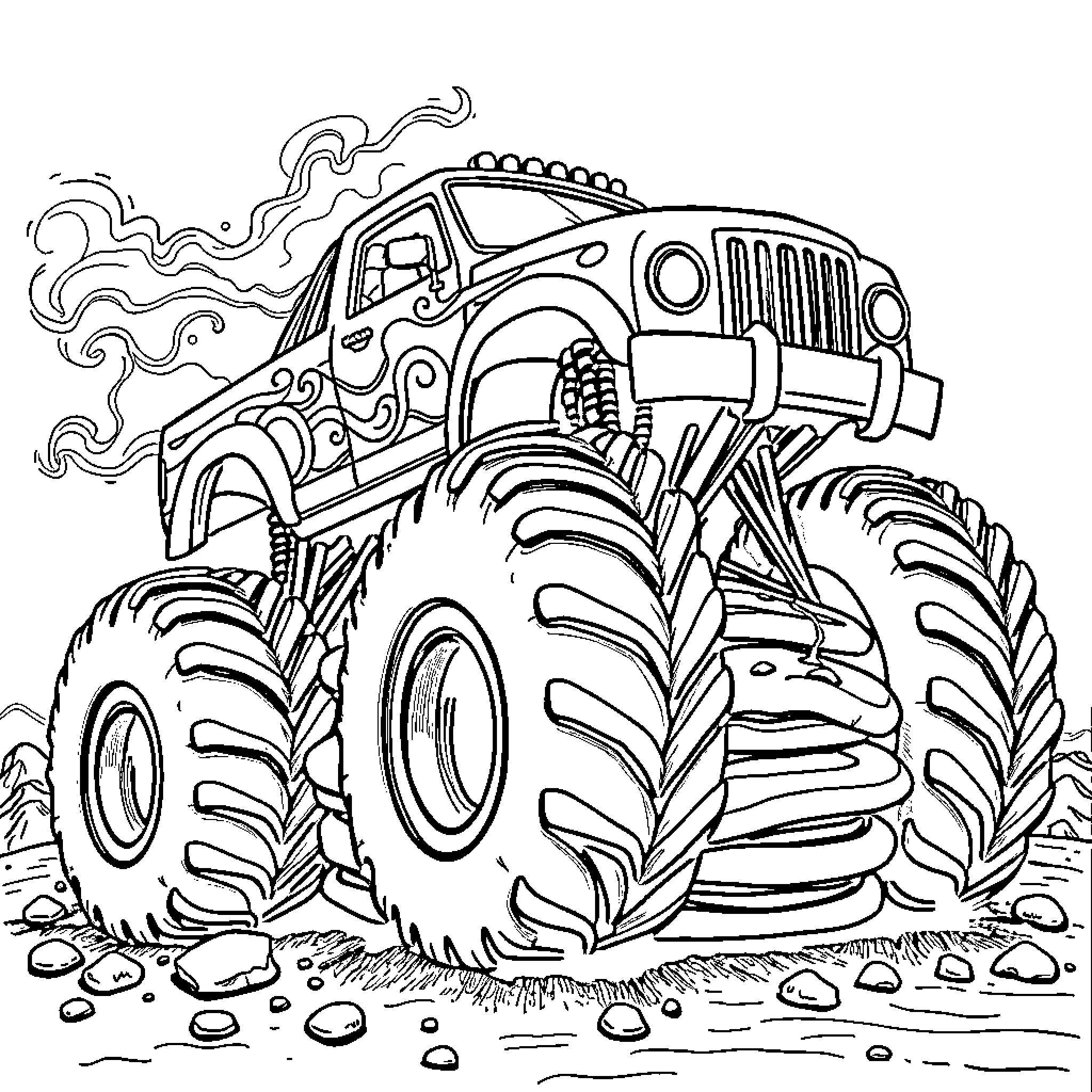Monster Truck Crushing Rocks and Terrain Coloring Page (free black-and-white line drawing printable PDF for all, from beginners to advanced learners, including children, teens, adults, and seniors)