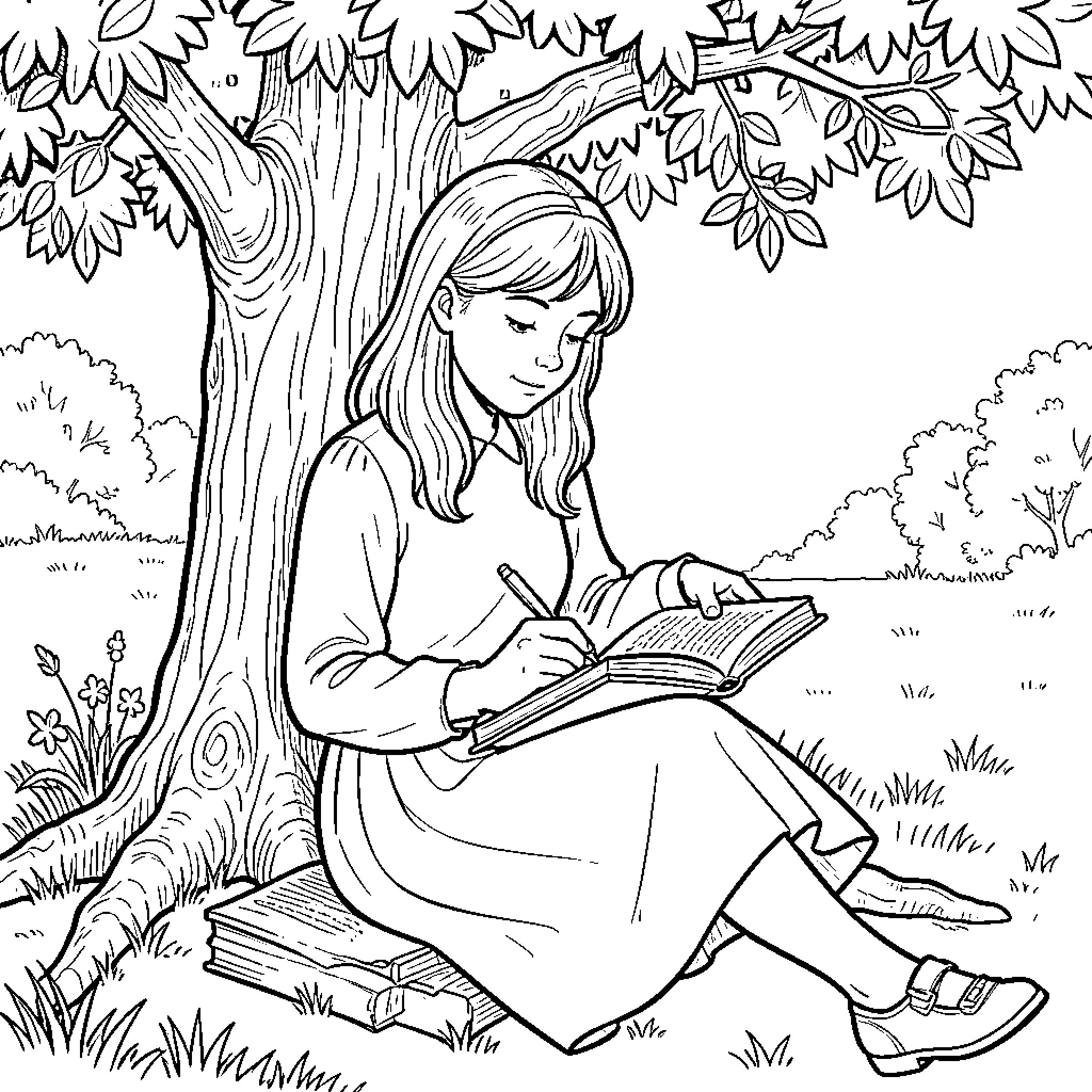 Anne writing in a notebook under a tree Coloring Page (free black-and-white line drawing printable PDF for all, from beginners to advanced learners, including children, teens, adults, and seniors)