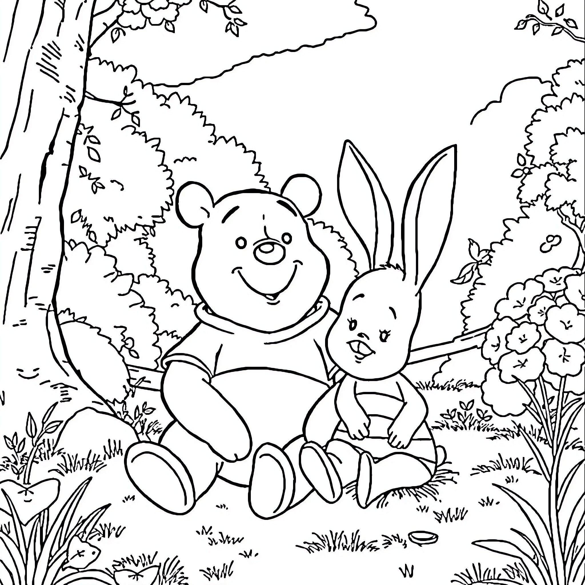 Winnie The Pooh and Rabbit enjoying nature Coloring Page (free black-and-white line drawing printable PDF for all, from beginners to advanced learners, including children, teens, adults, and seniors)