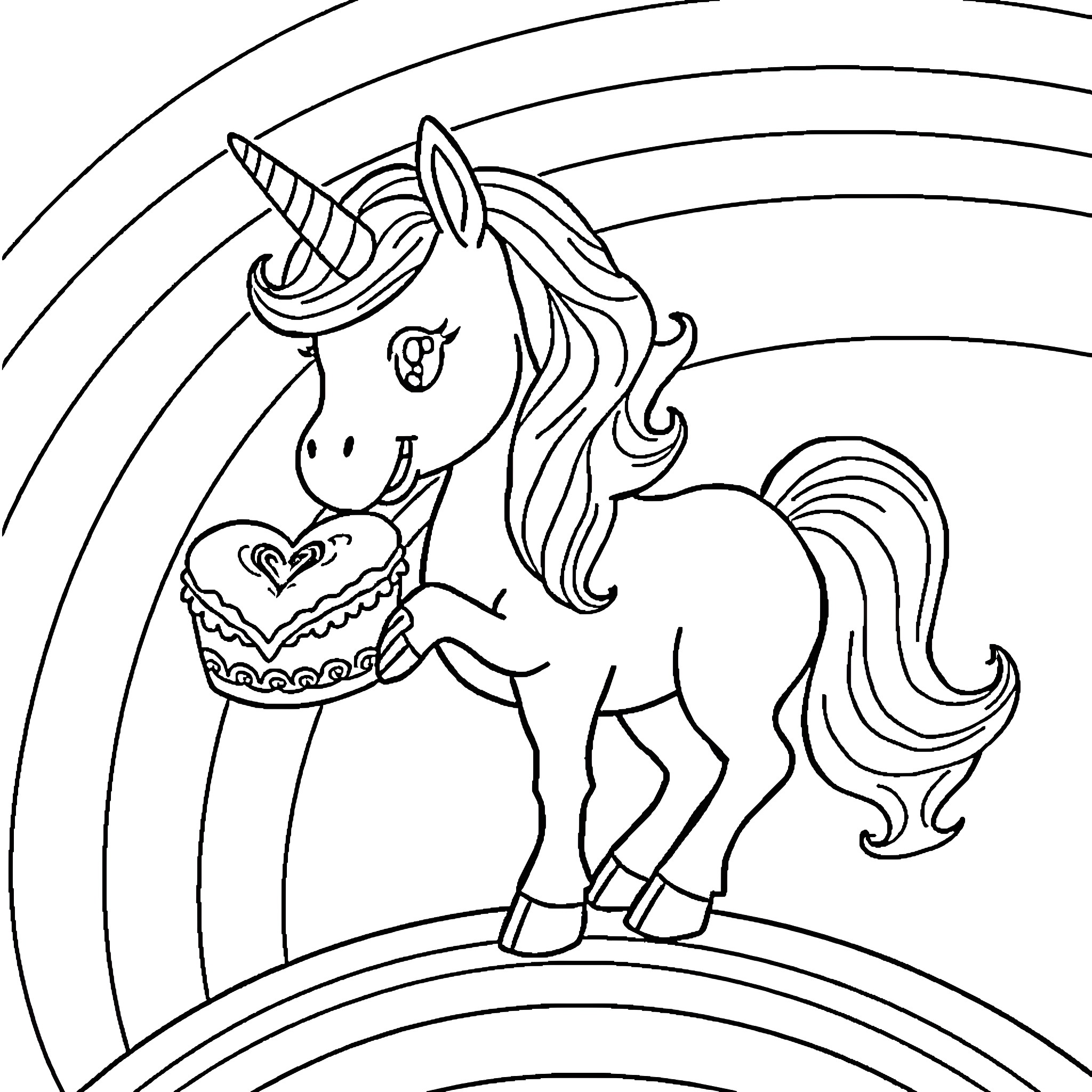 Unicorn Enjoying a Magical Dessert Coloring Page (free black-and-white line drawing printable PDF for all, from beginners to advanced learners, including children, teens, adults, and seniors)