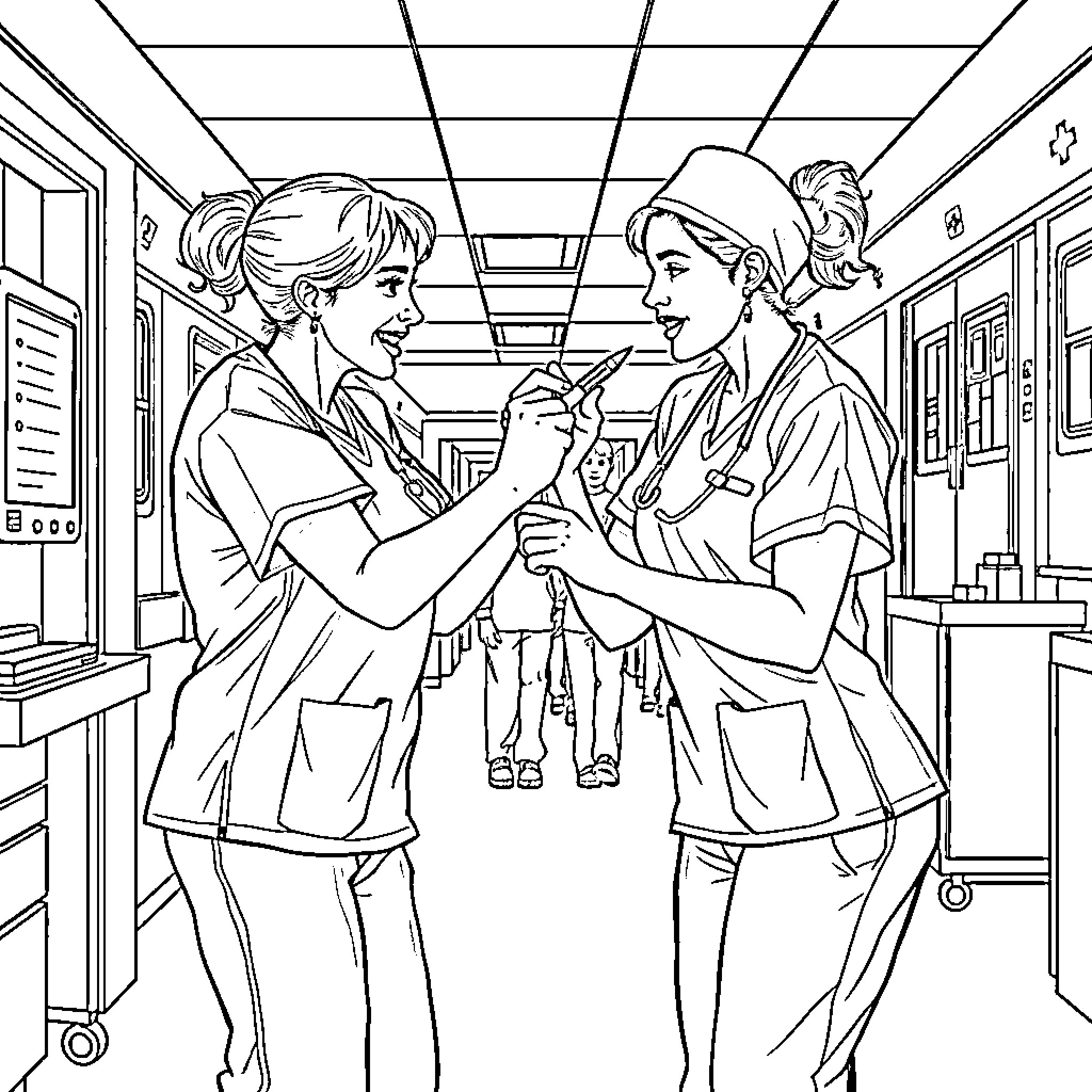 Nurse Colleagues Discussing Medical Matters Coloring Page (free black-and-white line drawing printable PDF for all, from beginners to advanced learners, including children, teens, adults, and seniors)