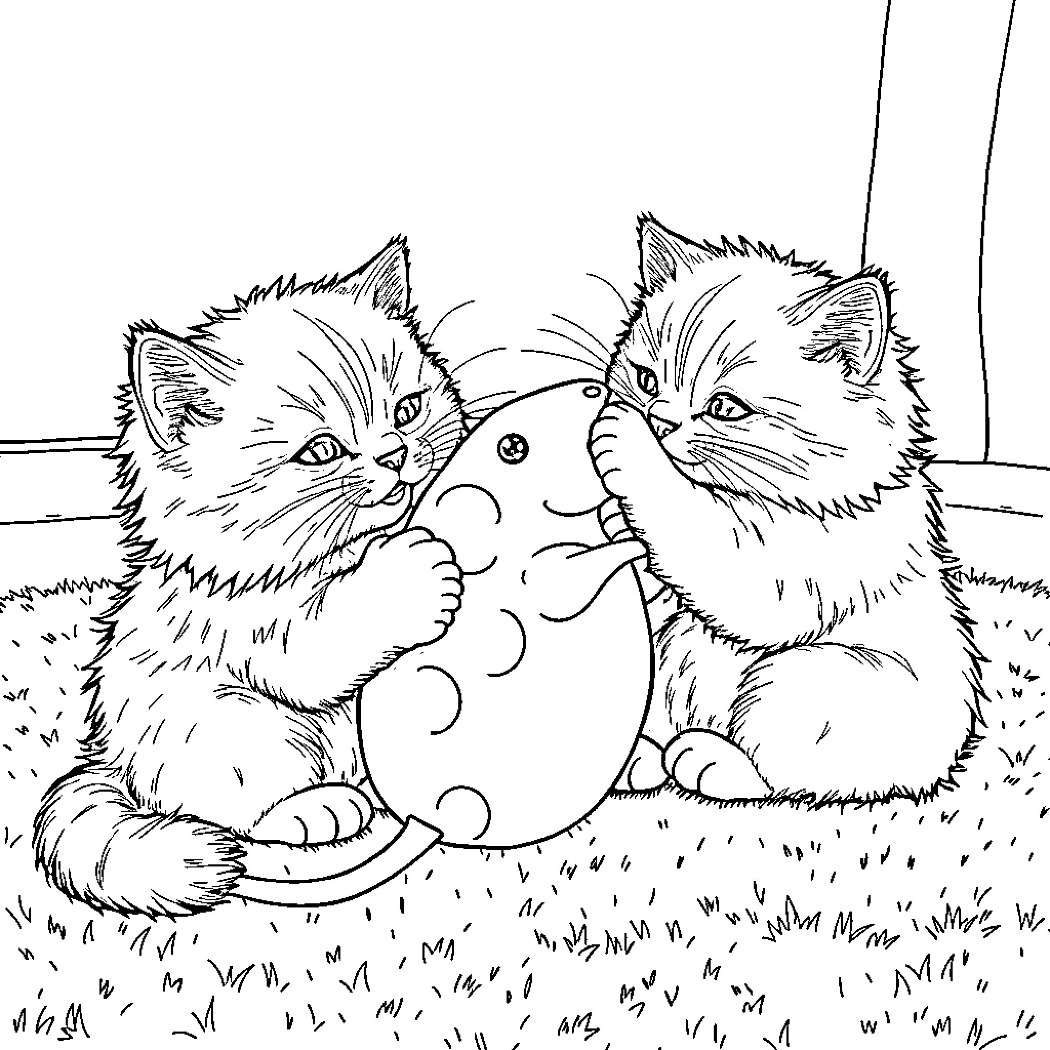 Cat Kittens Playing with Toy Ball Coloring Page (free black-and-white line drawing printable PDF for all, from beginners to advanced learners, including children, teens, adults, and seniors)