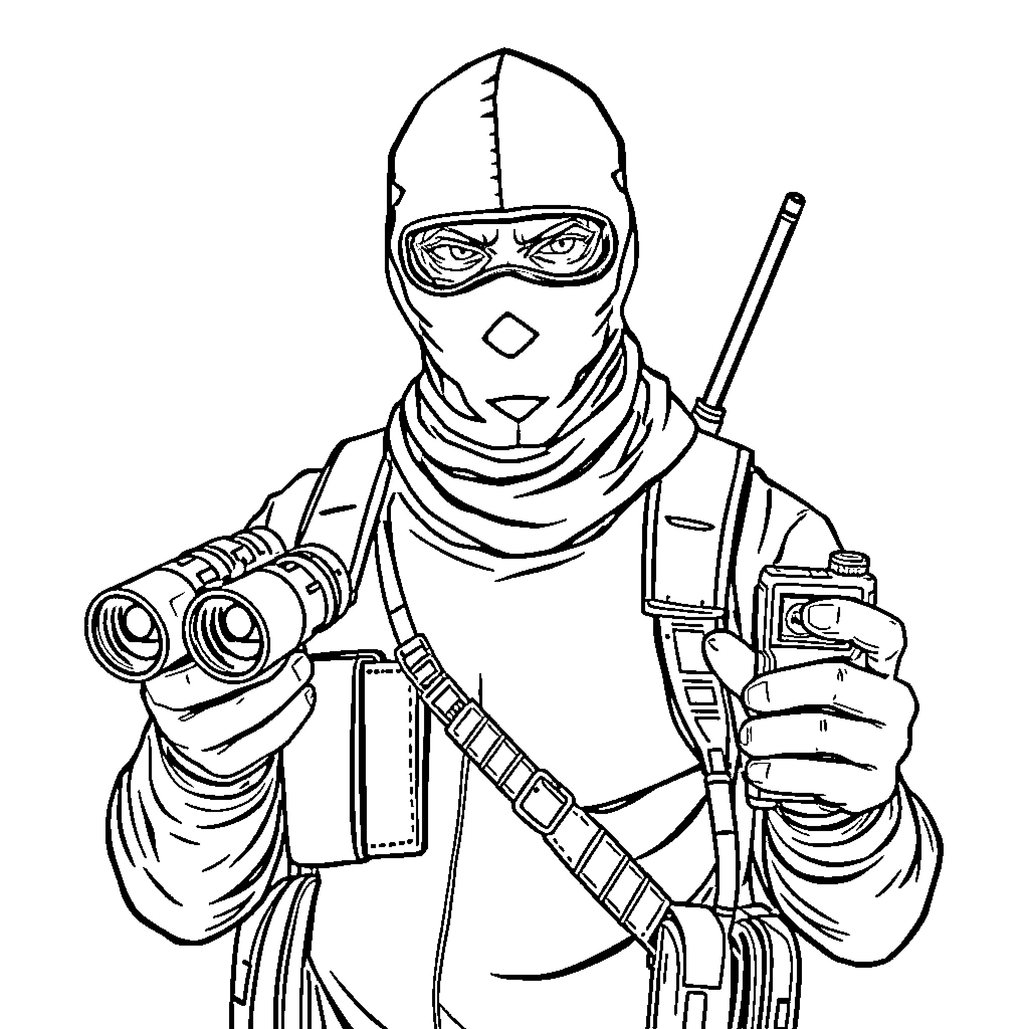 Masked Man Wielding Weapons in Combat Gear Coloring Page (free black-and-white line drawing printable PDF for all, from beginners to advanced learners, including children, teens, adults, and seniors)