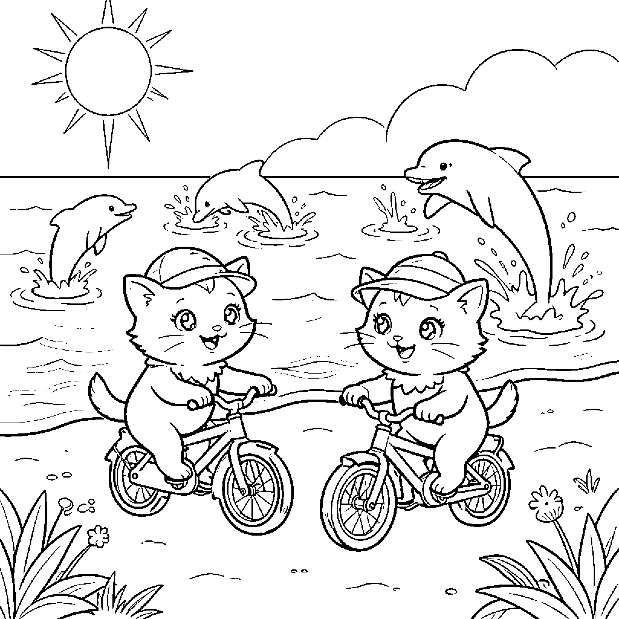 Kitty friends biking by the beach with dolphins Coloring Page (free black-and-white line drawing printable PDF for all, from beginners to advanced learners, including children, teens, adults, and seniors)