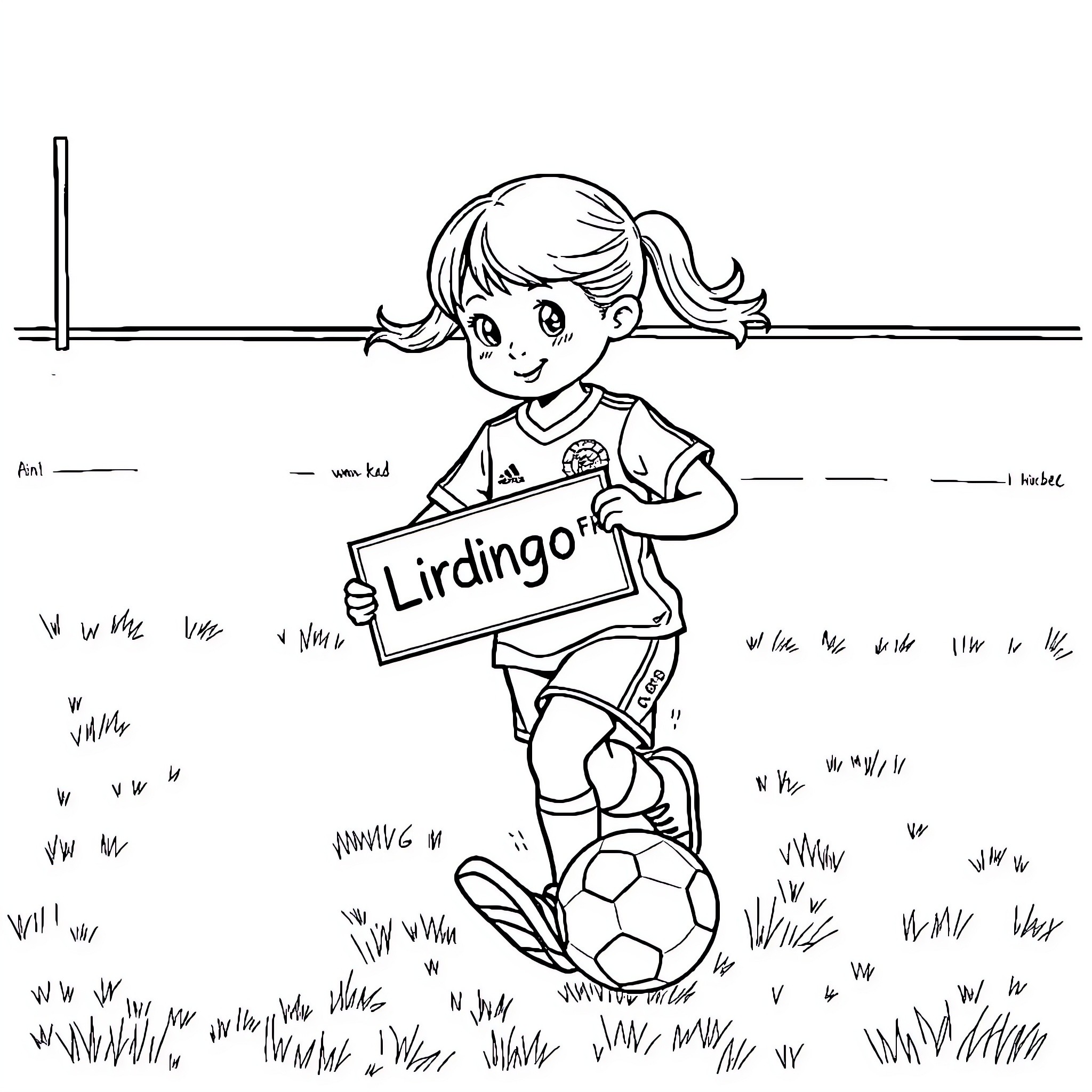 Girl playing soccer with a sign Coloring Page (free black-and-white line drawing printable PDF for all, from beginners to advanced learners, including children, teens, adults, and seniors)