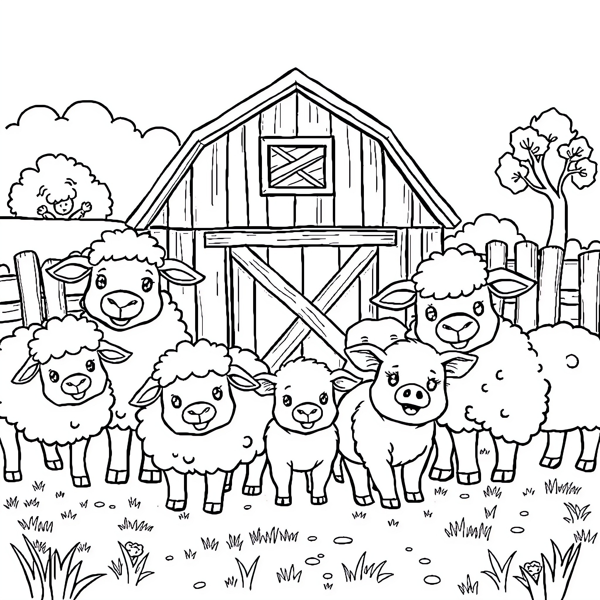 Farm Animal Flock Gathered Around Rustic Barn Coloring Page (free black-and-white line drawing printable PDF for all, from beginners to advanced learners, including children, teens, adults, and seniors)