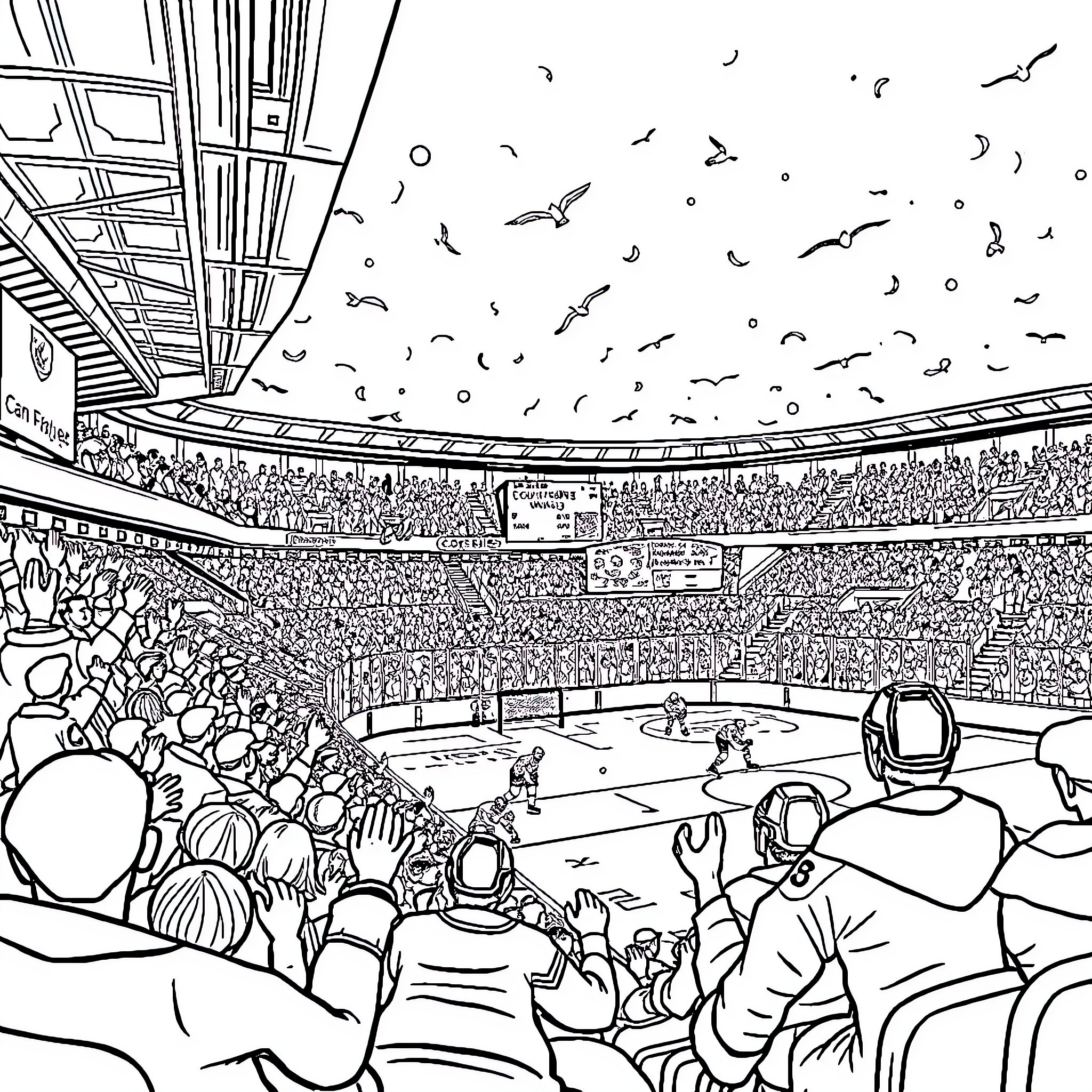 Hockey Game in a Packed Stadium Coloring Page (free black-and-white line drawing printable PDF for all, from beginners to advanced learners, including children, teens, adults, and seniors)
