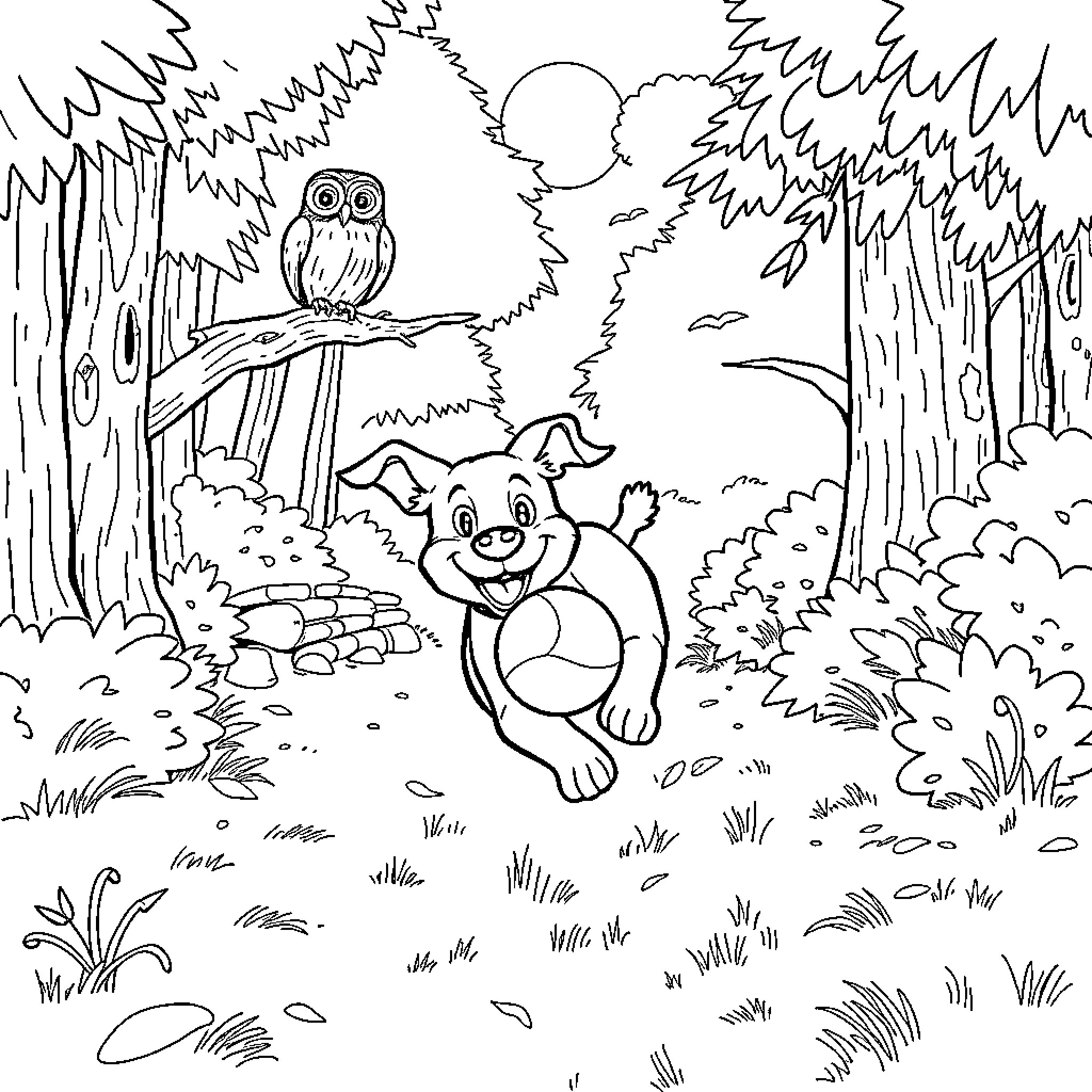 Dog playing happily in the forest Coloring Page (free black-and-white line drawing printable PDF for all, from beginners to advanced learners, including children, teens, adults, and seniors)