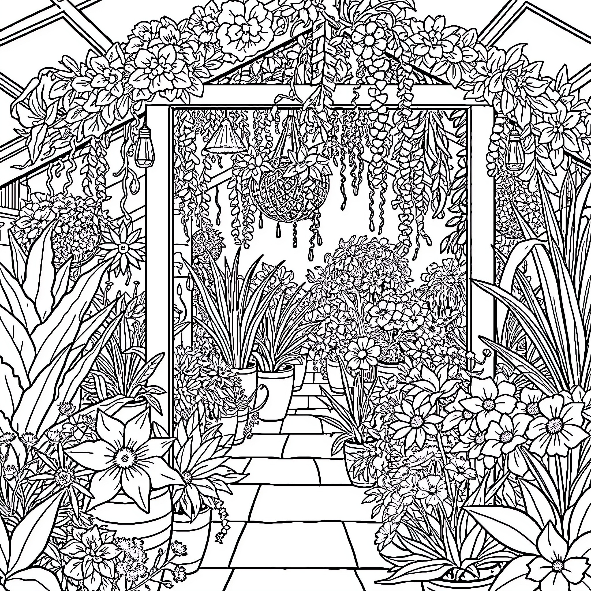 Garden of Lush Floral Abundance Coloring Page (free black-and-white line drawing printable PDF for all, from beginners to advanced learners, including children, teens, adults, and seniors)