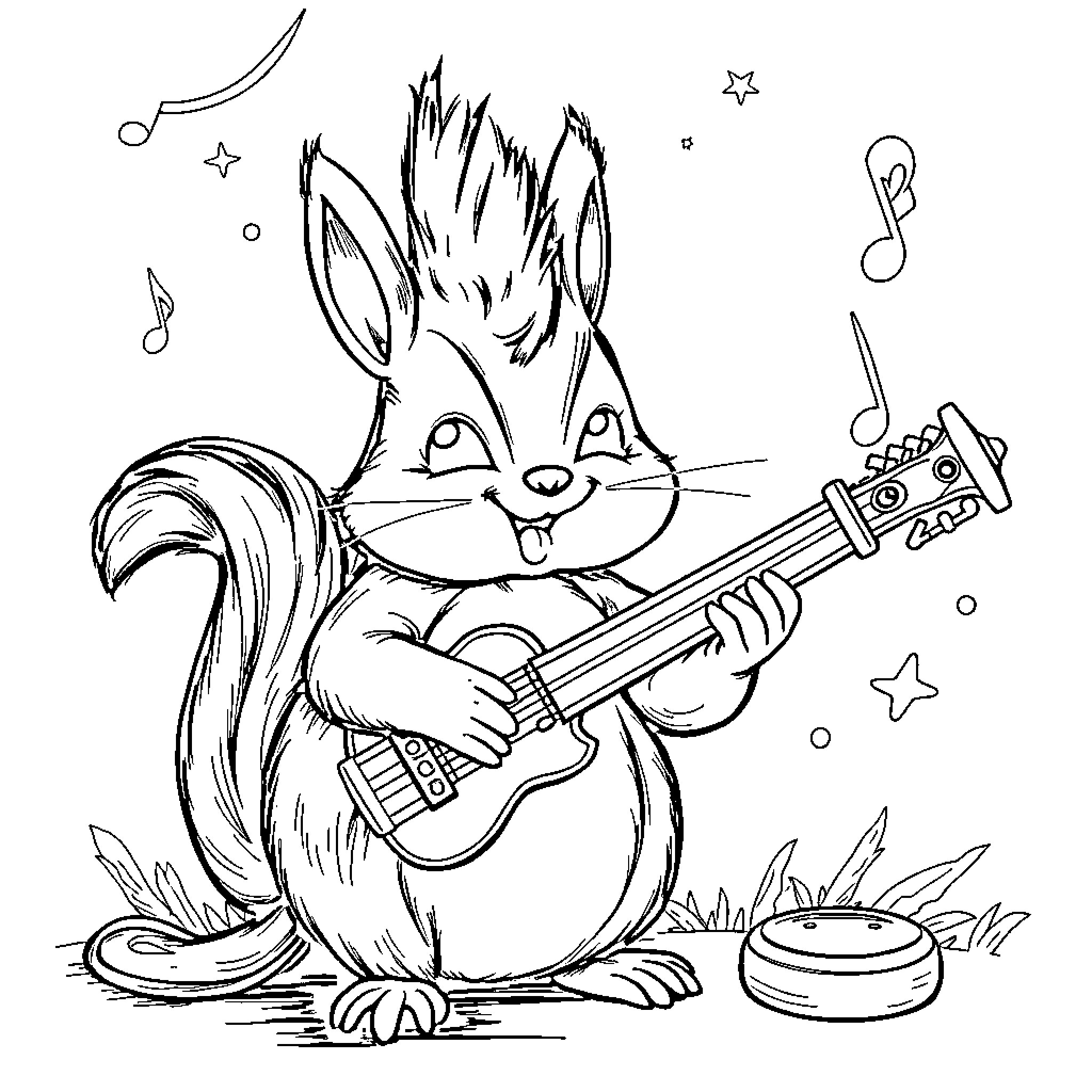 Sprunki playing guitar and rocking out Coloring Page (free black-and-white line drawing printable PDF for all, from beginners to advanced learners, including children, teens, adults, and seniors)