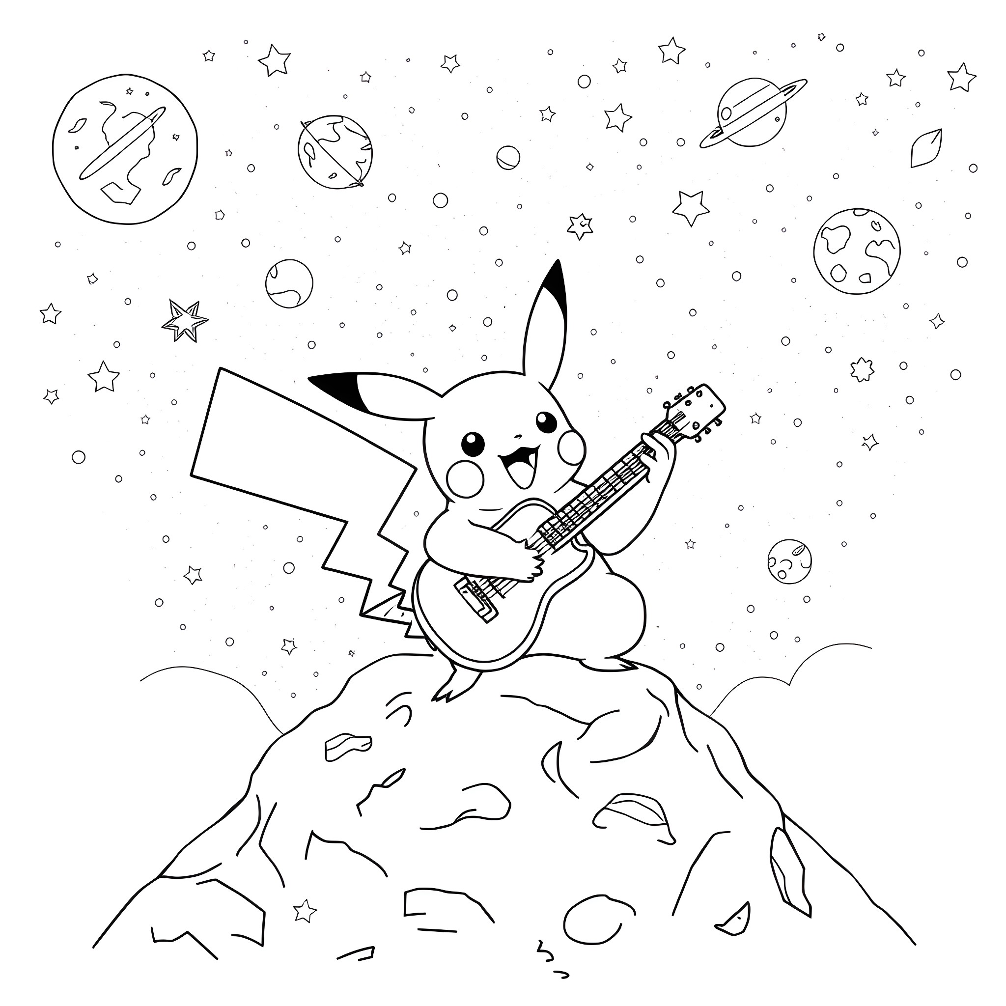 Pikachu playing guitar in the starry night Coloring Page (free black-and-white line drawing printable PDF for all, from beginners to advanced learners, including children, teens, adults, and seniors)