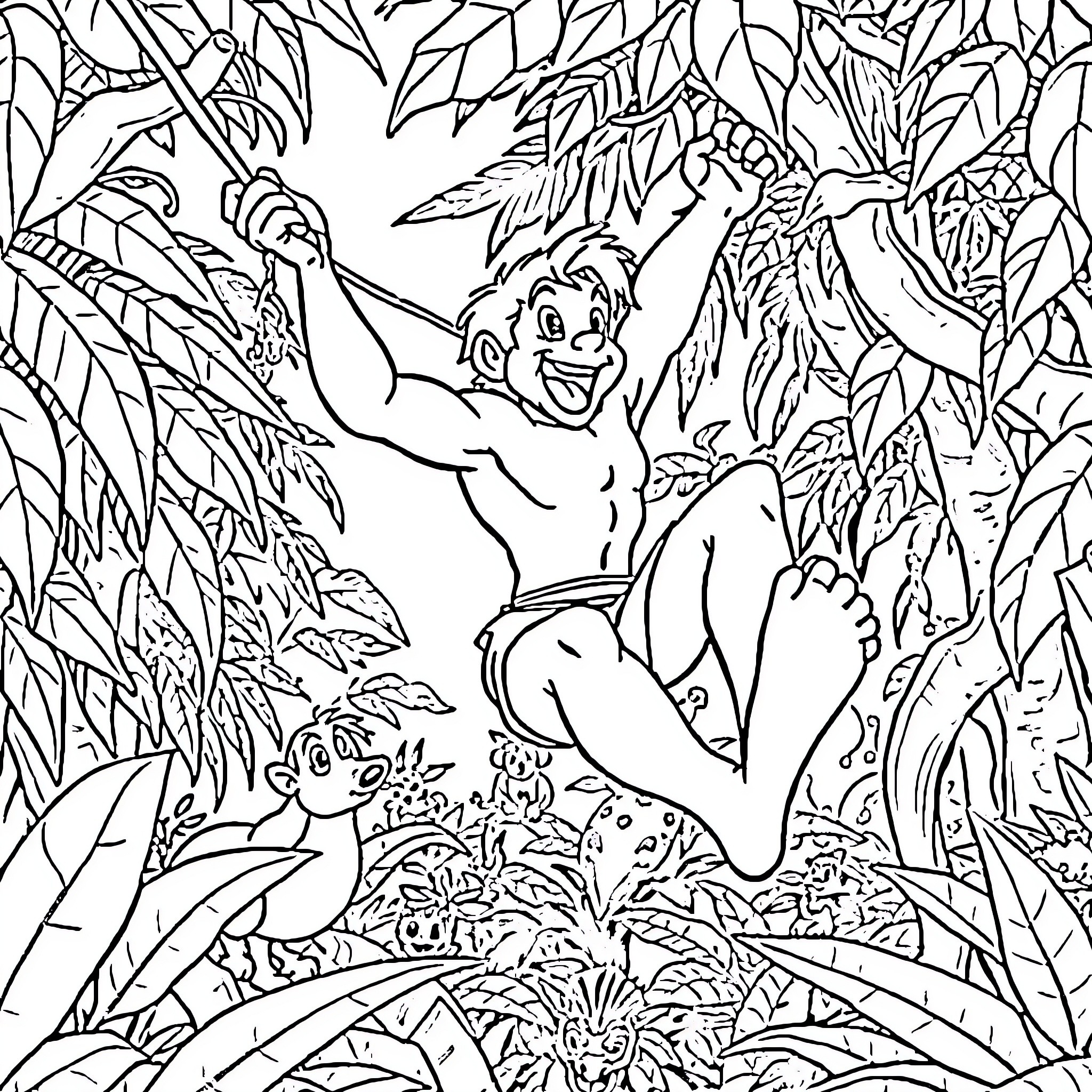Tarzan swinging through the jungle with ease Coloring Page (free black-and-white line drawing printable PDF for all, from beginners to advanced learners, including children, teens, adults, and seniors)