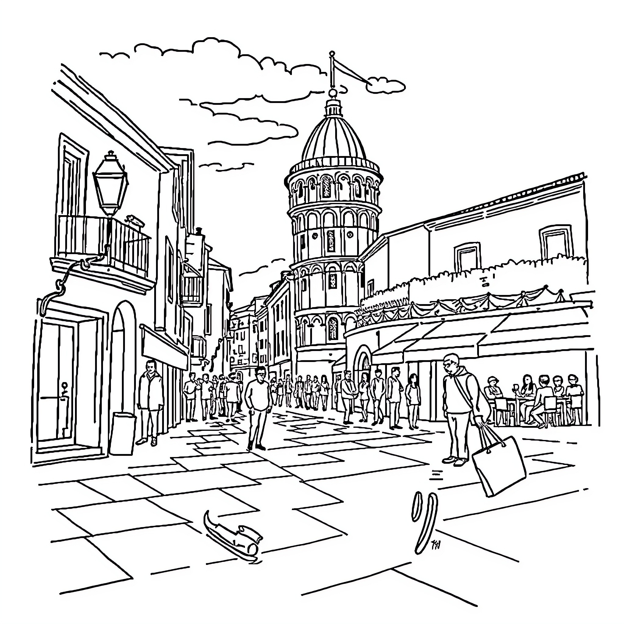 Homme exploring the bustling street scene in the city Coloring Page (free black-and-white line drawing printable PDF for all, from beginners to advanced learners, including children, teens, adults, and seniors)