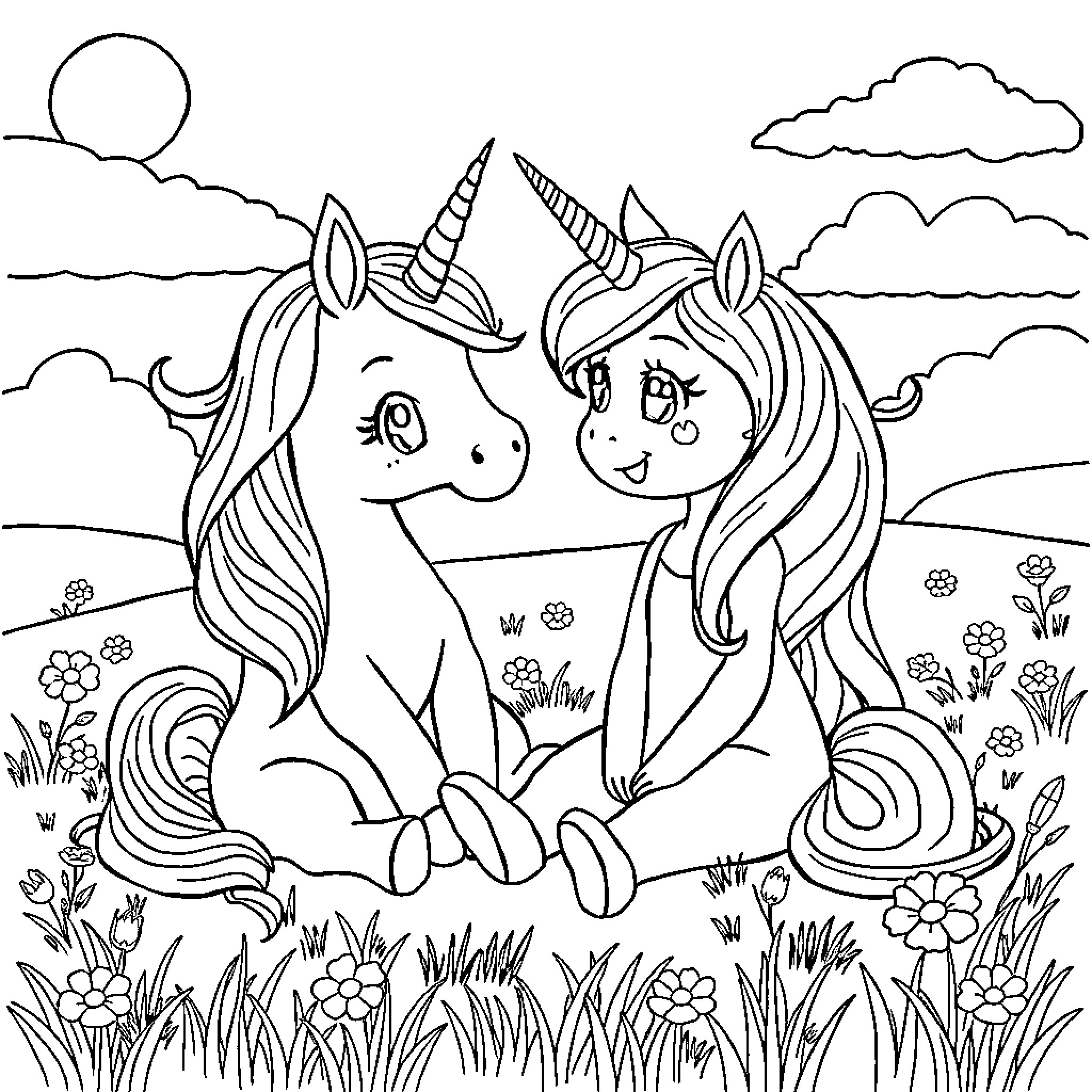 Unicorn friends enjoying a peaceful day in the meadow Coloring Page (free black-and-white line drawing printable PDF for all, from beginners to advanced learners, including children, teens, adults, and seniors)