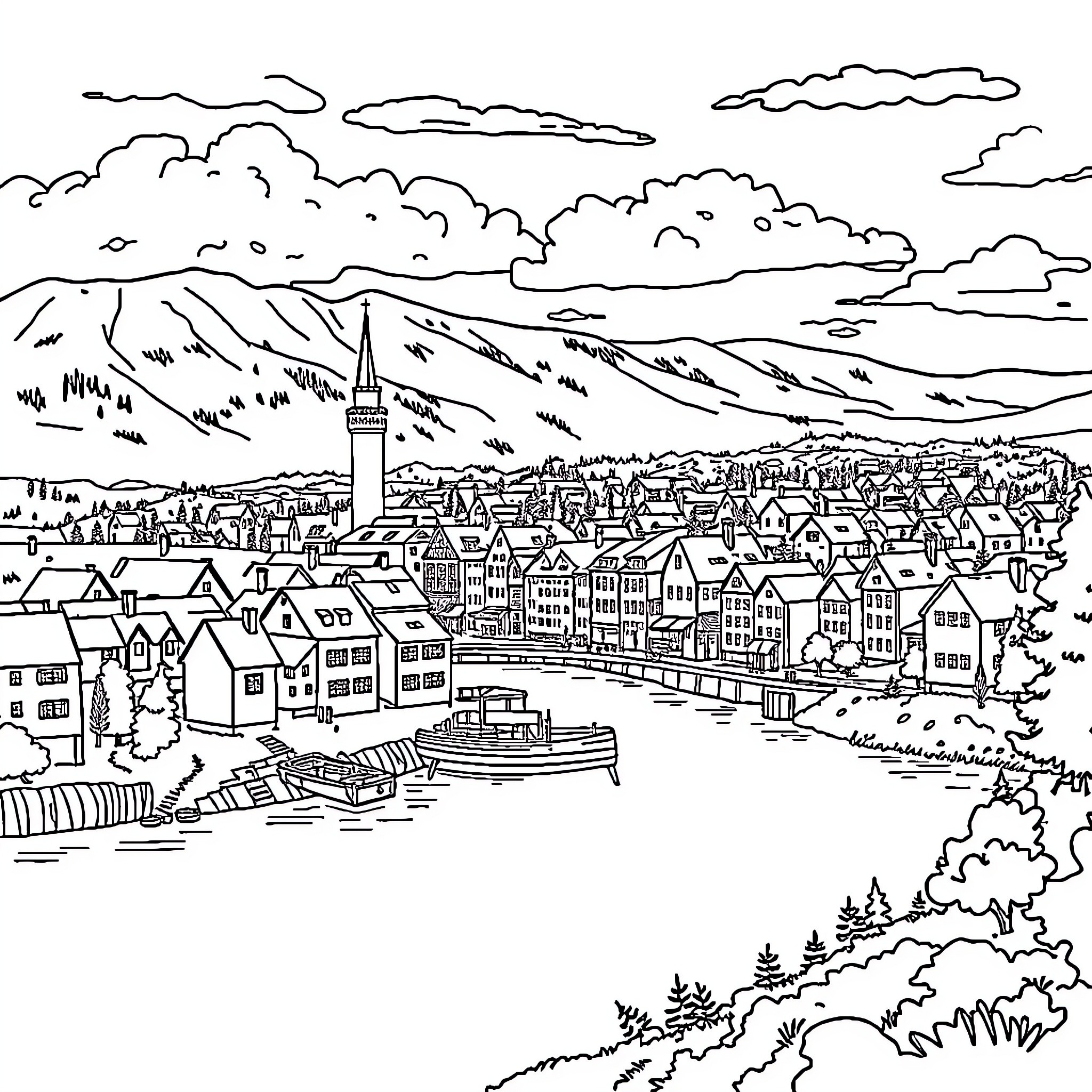 Sweden: Quaint Village Nestled in Mountainous Landscape Coloring Page (free black-and-white line drawing printable PDF for all, from beginners to advanced learners, including children, teens, adults, and seniors)