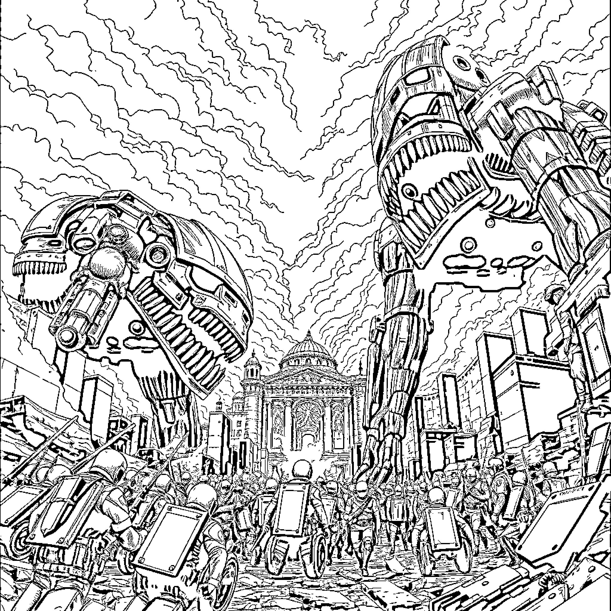 Attack on Titan: Colossal Titans Invading the City Coloring Page (free black-and-white line drawing printable PDF for all, from beginners to advanced learners, including children, teens, adults, and seniors)