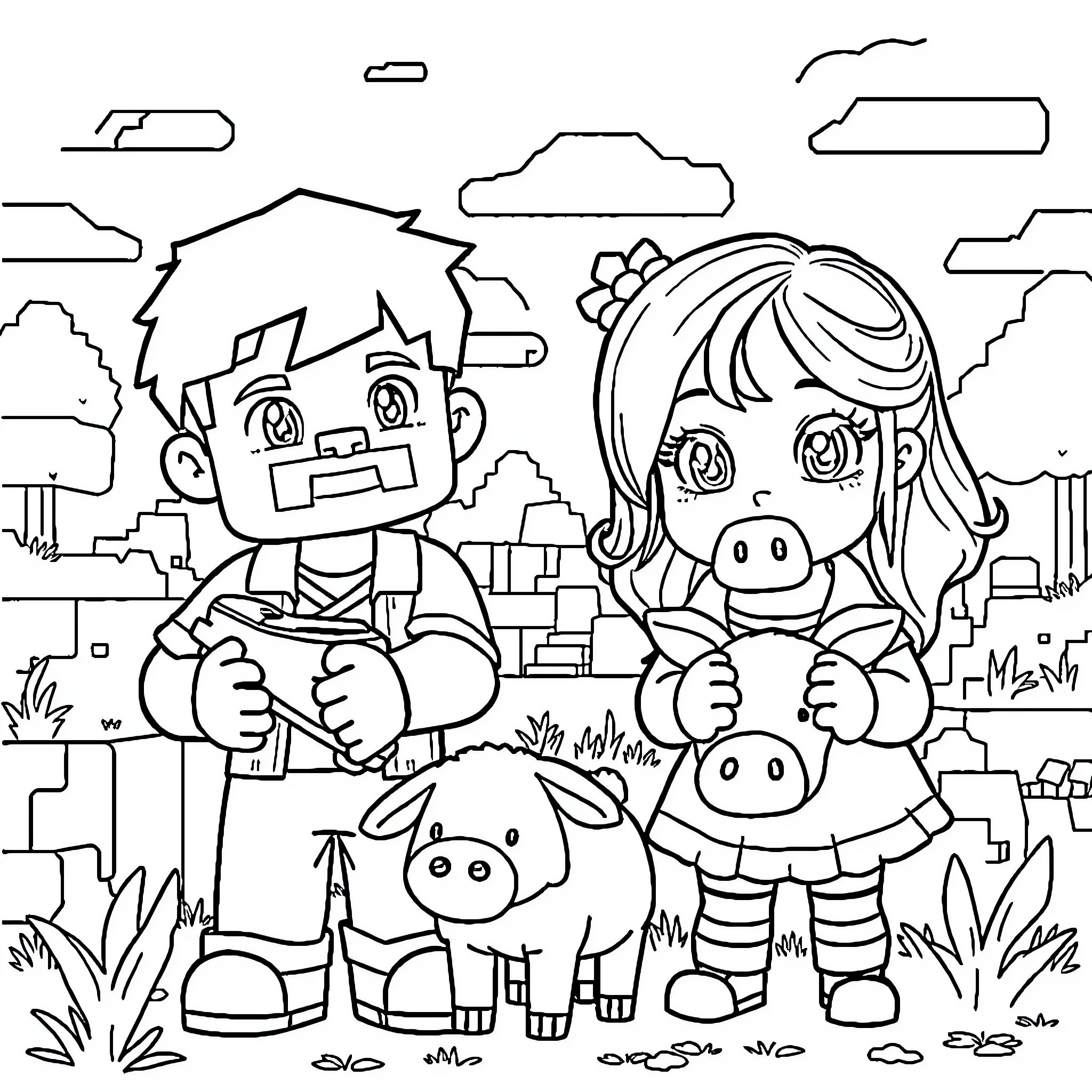 Animal Friends Exploring the Outdoors Coloring Page (free black-and-white line drawing printable PDF for all, from beginners to advanced learners, including children, teens, adults, and seniors)