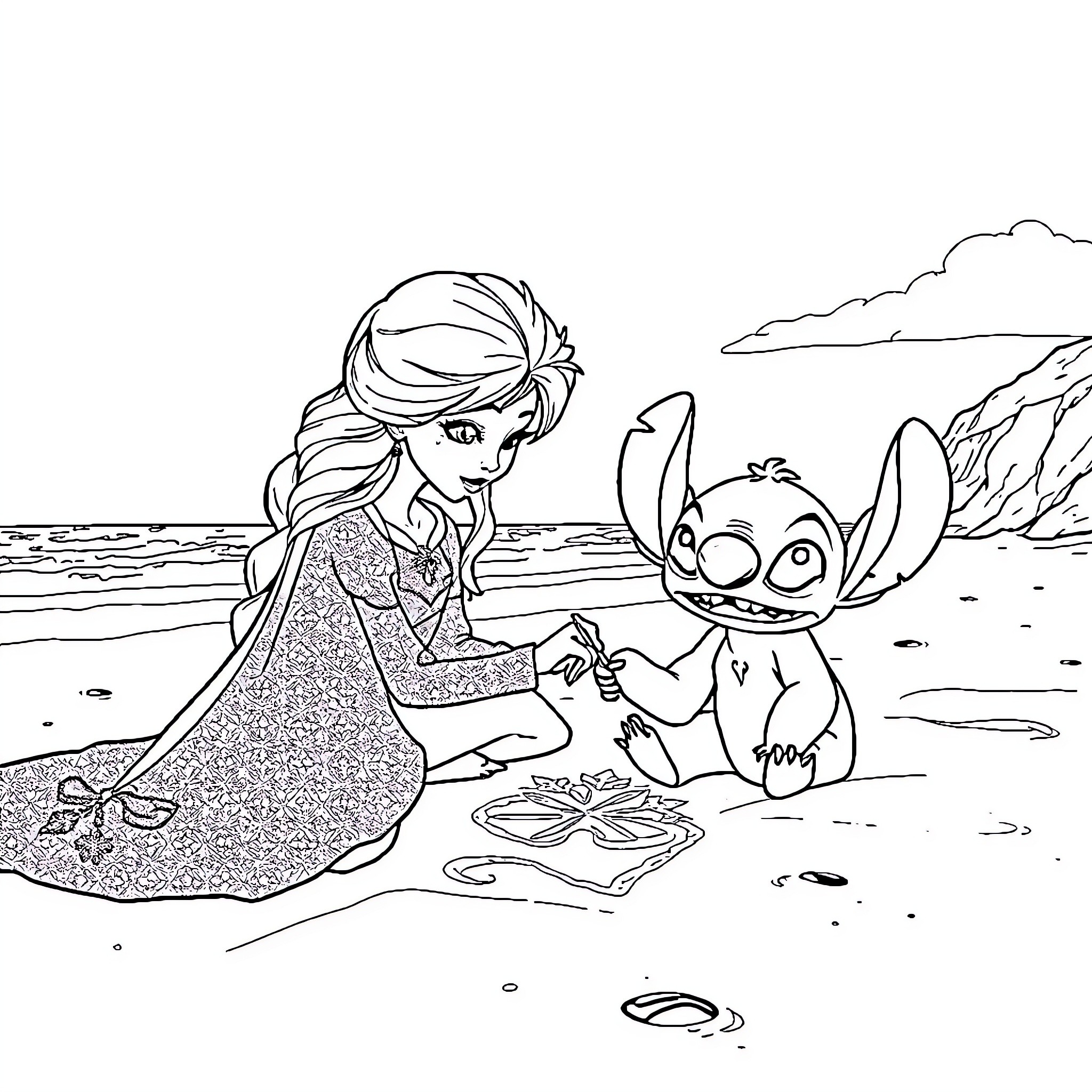 Queen and Companion Explore Seaside Wonders Coloring Page (free black-and-white line drawing printable PDF for all, from beginners to advanced learners, including children, teens, adults, and seniors)