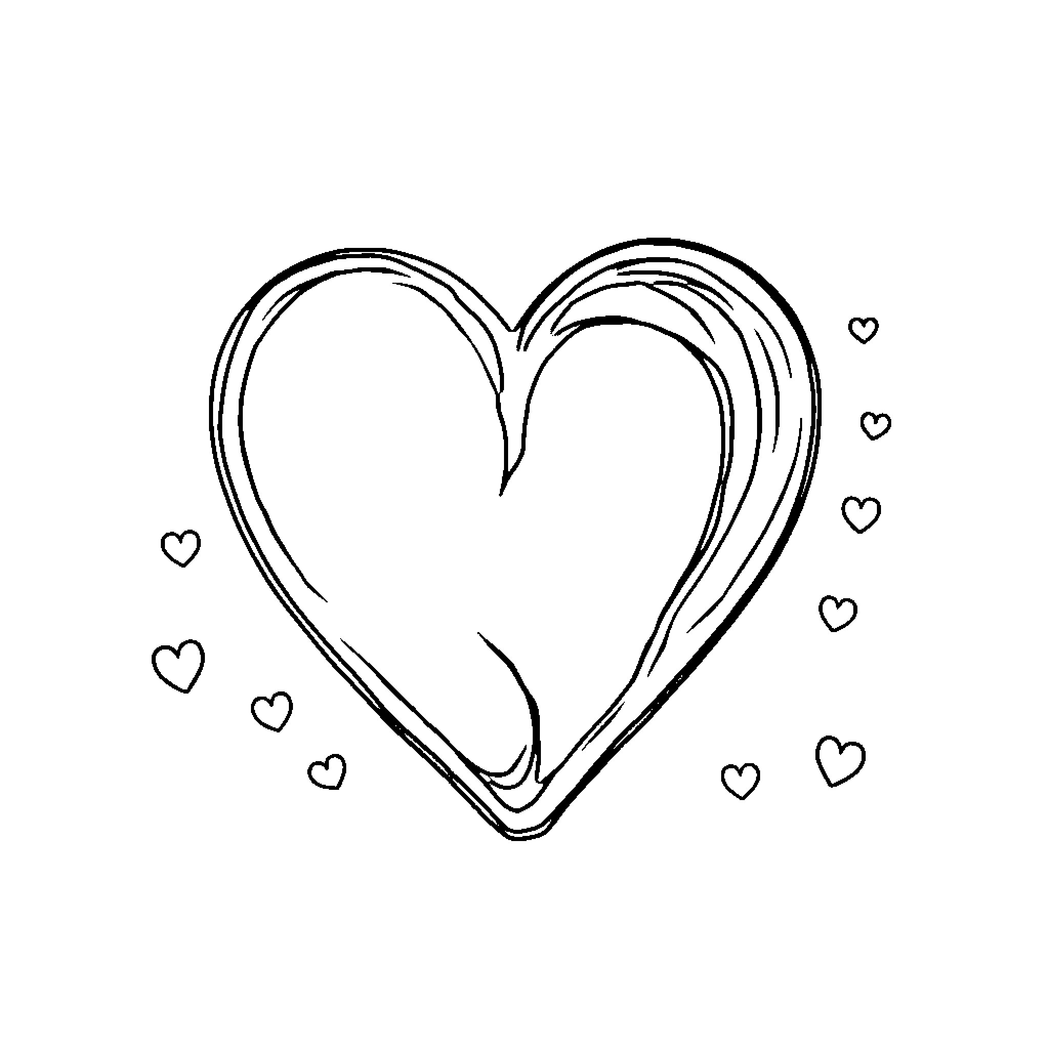 Heart-shaped outline with surrounding hearts Coloring Page (free black-and-white line drawing printable PDF for all, from beginners to advanced learners, including children, teens, adults, and seniors)