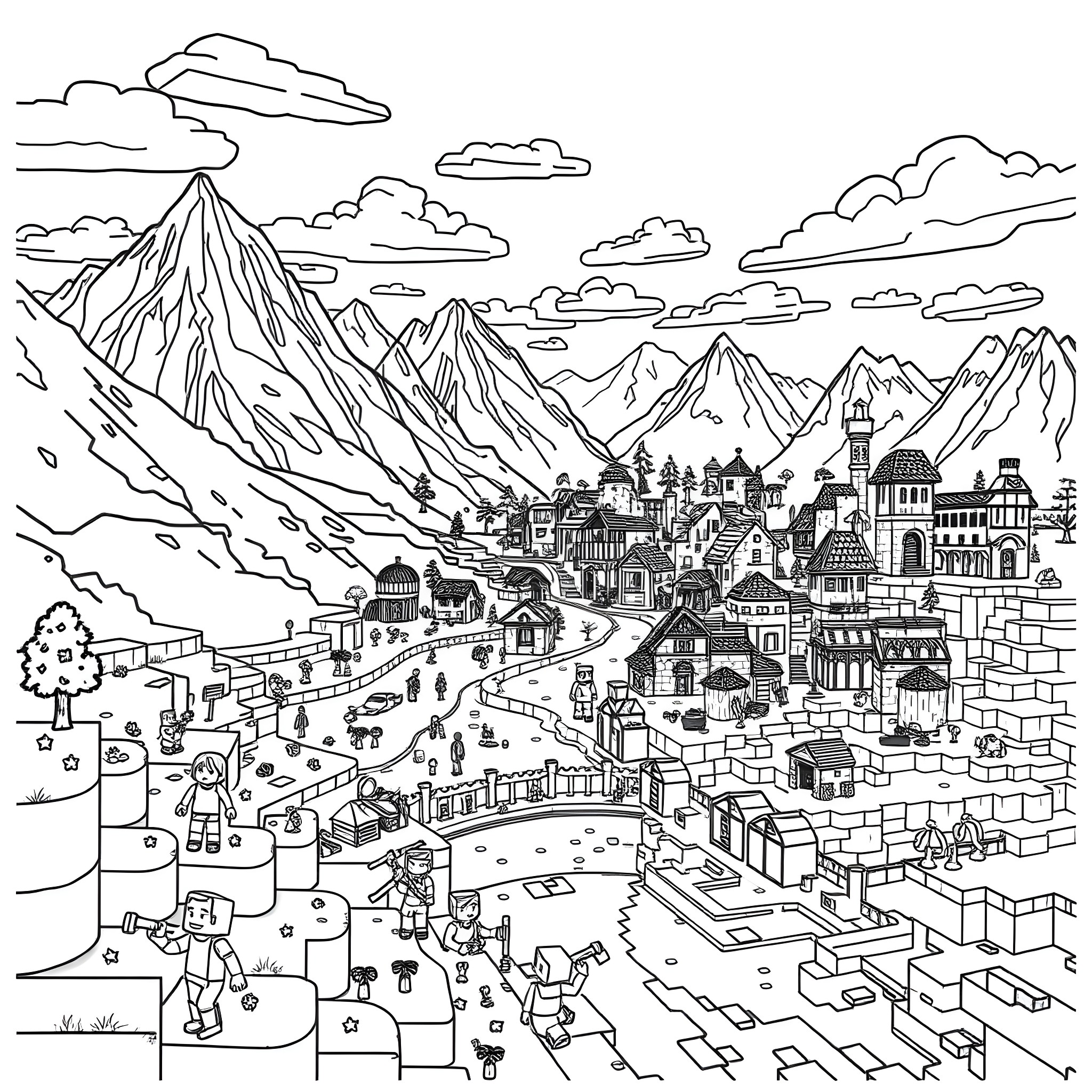 Minecraft village surrounded by snow-capped mountains Coloring Page (free black-and-white line drawing printable PDF for all, from beginners to advanced learners, including children, teens, adults, and seniors)