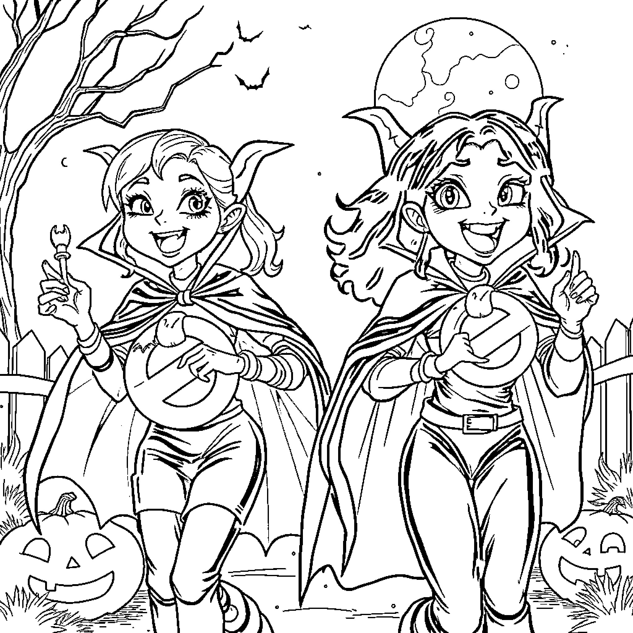 Vampire Siblings Celebrating Halloween Coloring Page (free black-and-white line drawing printable PDF for all, from beginners to advanced learners, including children, teens, adults, and seniors)