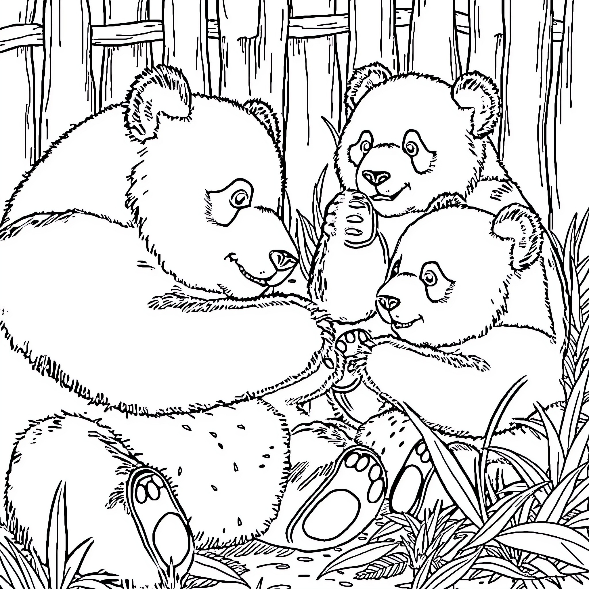 Panda family in the bamboo forest Coloring Page (free black-and-white line drawing printable PDF for all, from beginners to advanced learners, including children, teens, adults, and seniors)
