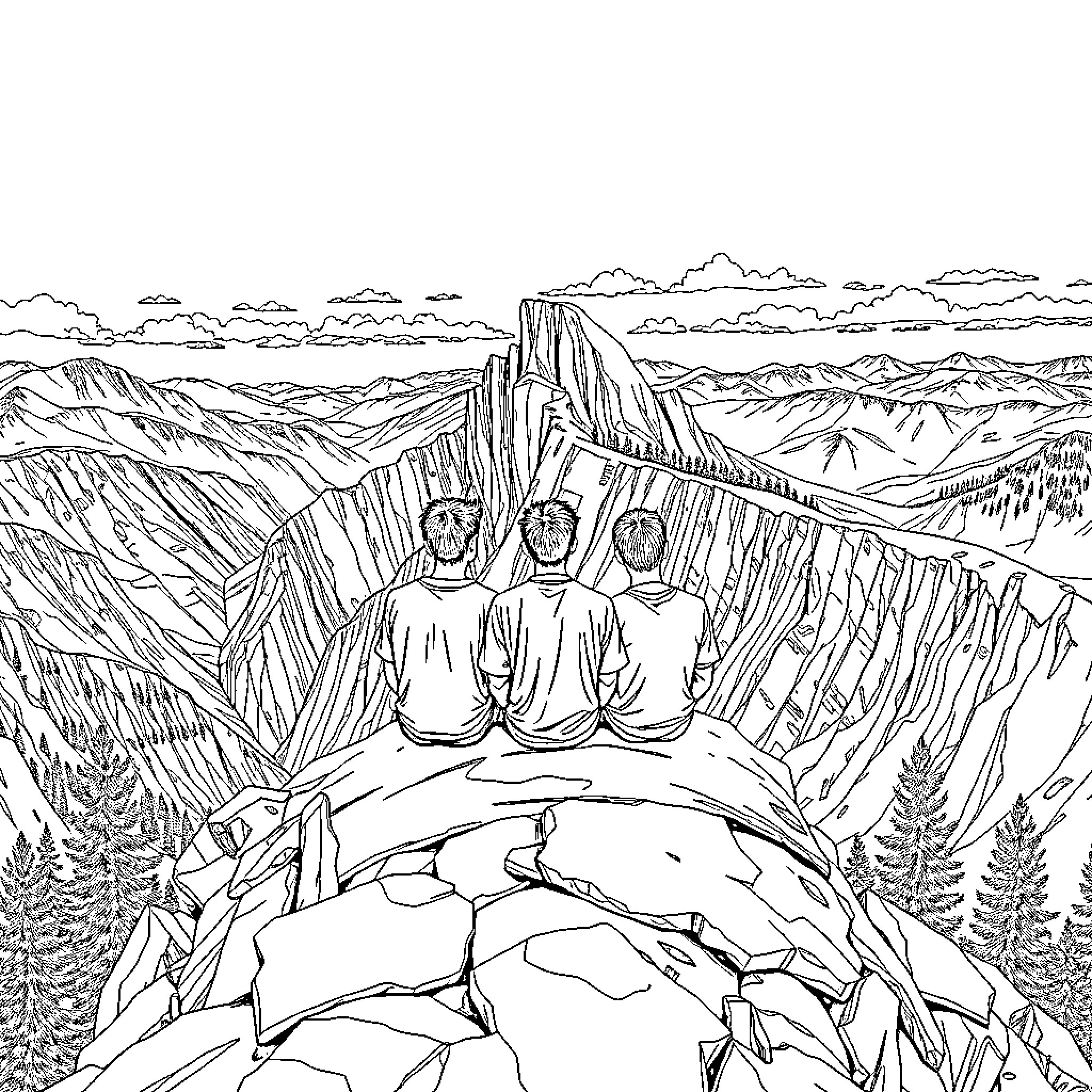 Man meditating on a rocky outcrop overlooking a mountainous landscape Coloring Page (free black-and-white line drawing printable PDF for all, from beginners to advanced learners, including children, teens, adults, and seniors)