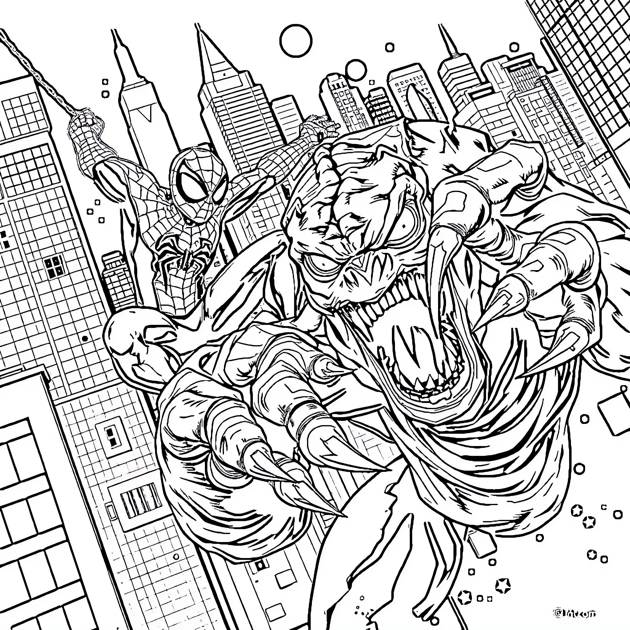Spider-Man Battles a Fearsome Villain in the City Coloring Page (free black-and-white line drawing printable PDF for all, from beginners to advanced learners, including children, teens, adults, and seniors)