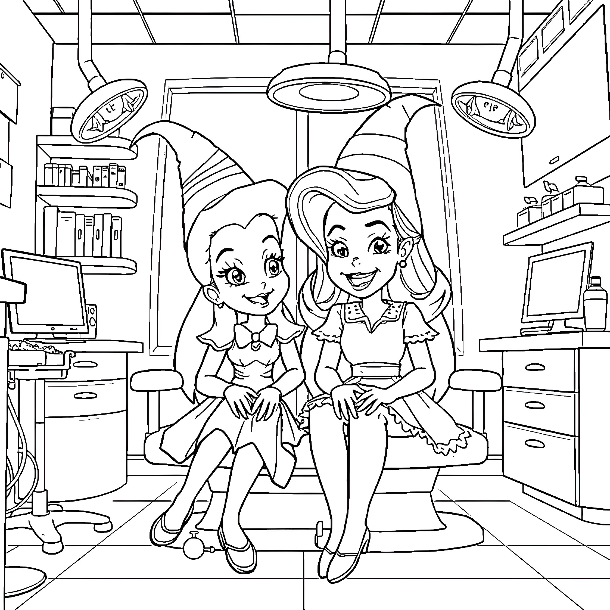 Elpheba's Friendly Visit to the Hospital Coloring Page (free black-and-white line drawing printable PDF for all, from beginners to advanced learners, including children, teens, adults, and seniors)