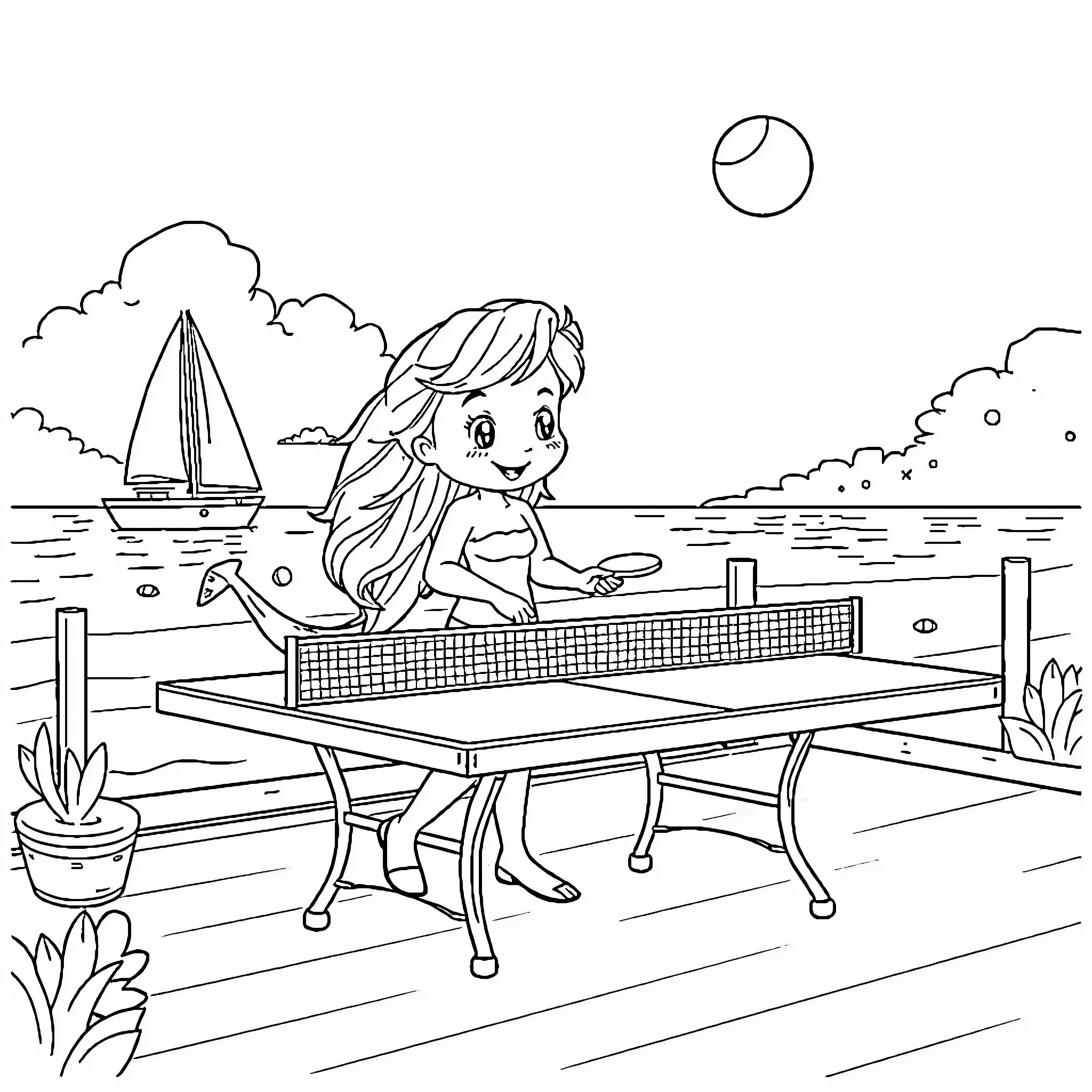 Little Mermaid playing table tennis at the beach Coloring Page (free black-and-white line drawing printable PDF for all, from beginners to advanced learners, including children, teens, adults, and seniors)