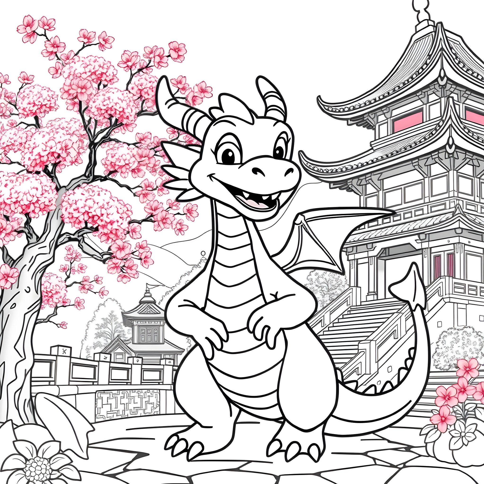Mushu the Friendly Dragon Exploring a Japanese Garden Coloring Page (free black-and-white line drawing printable PDF for all, from beginners to advanced learners, including children, teens, adults, and seniors)