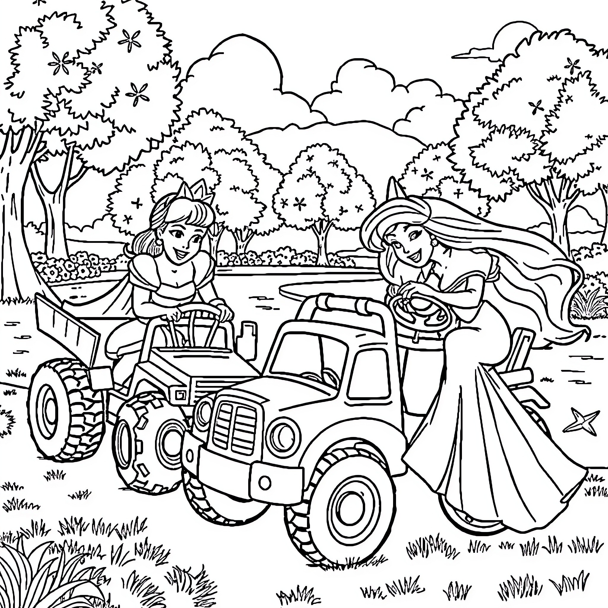Disney Princess on Outdoor Adventure with Tractor Coloring Page (free black-and-white line drawing printable PDF for all, from beginners to advanced learners, including children, teens, adults, and seniors)