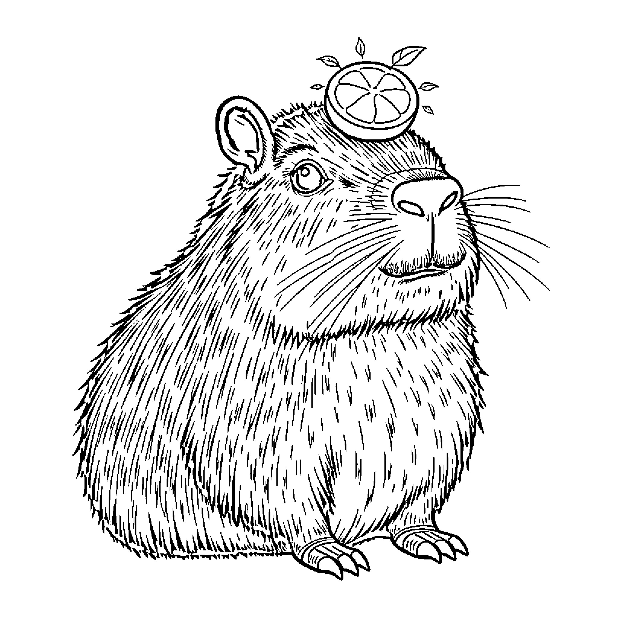 Capybara wearing a citrus slice hat Coloring Page (free black-and-white line drawing printable PDF for all, from beginners to advanced learners, including children, teens, adults, and seniors)