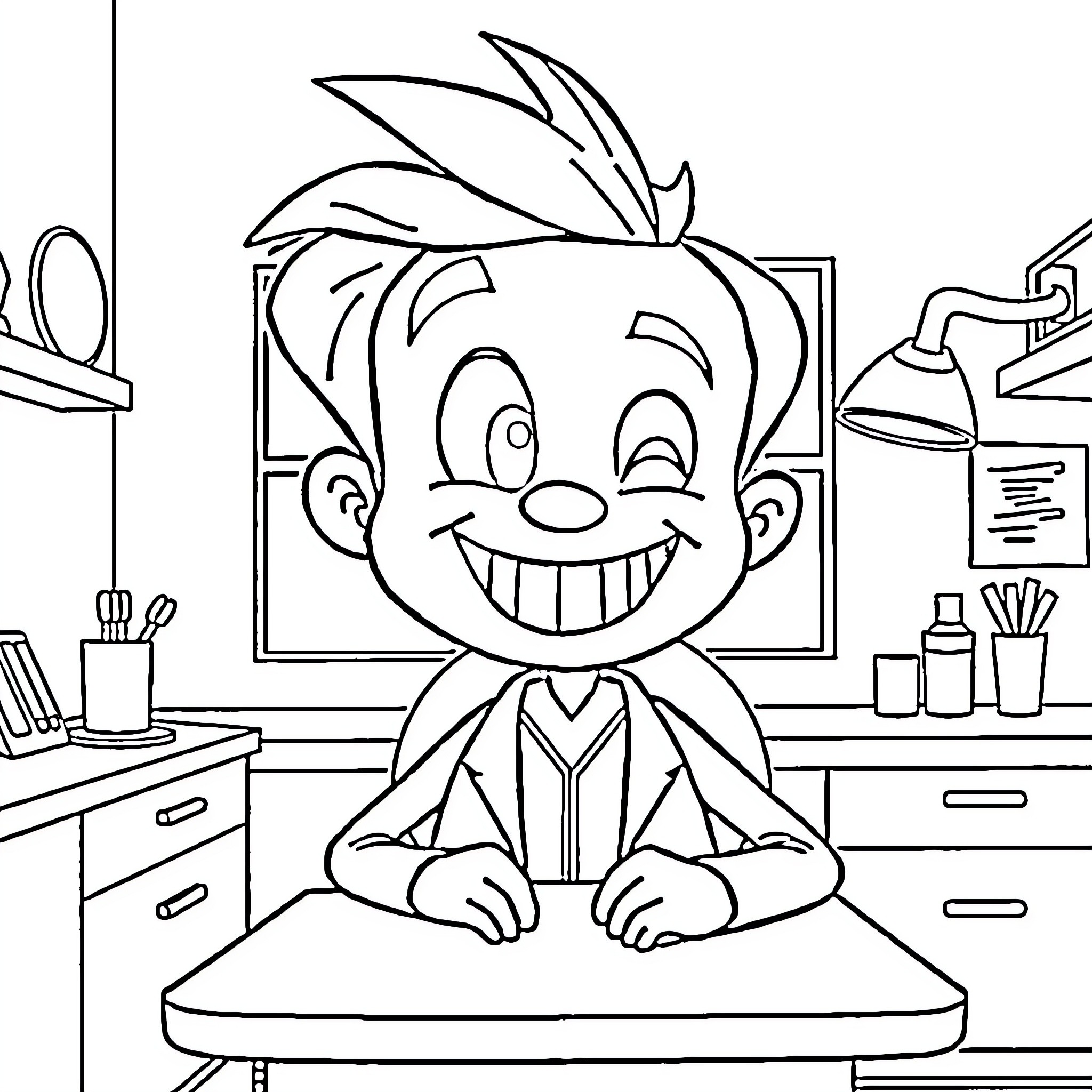 Dentist Examines Smiling Patient in Dental Office Coloring Page (free black-and-white line drawing printable PDF for all, from beginners to advanced learners, including children, teens, adults, and seniors)