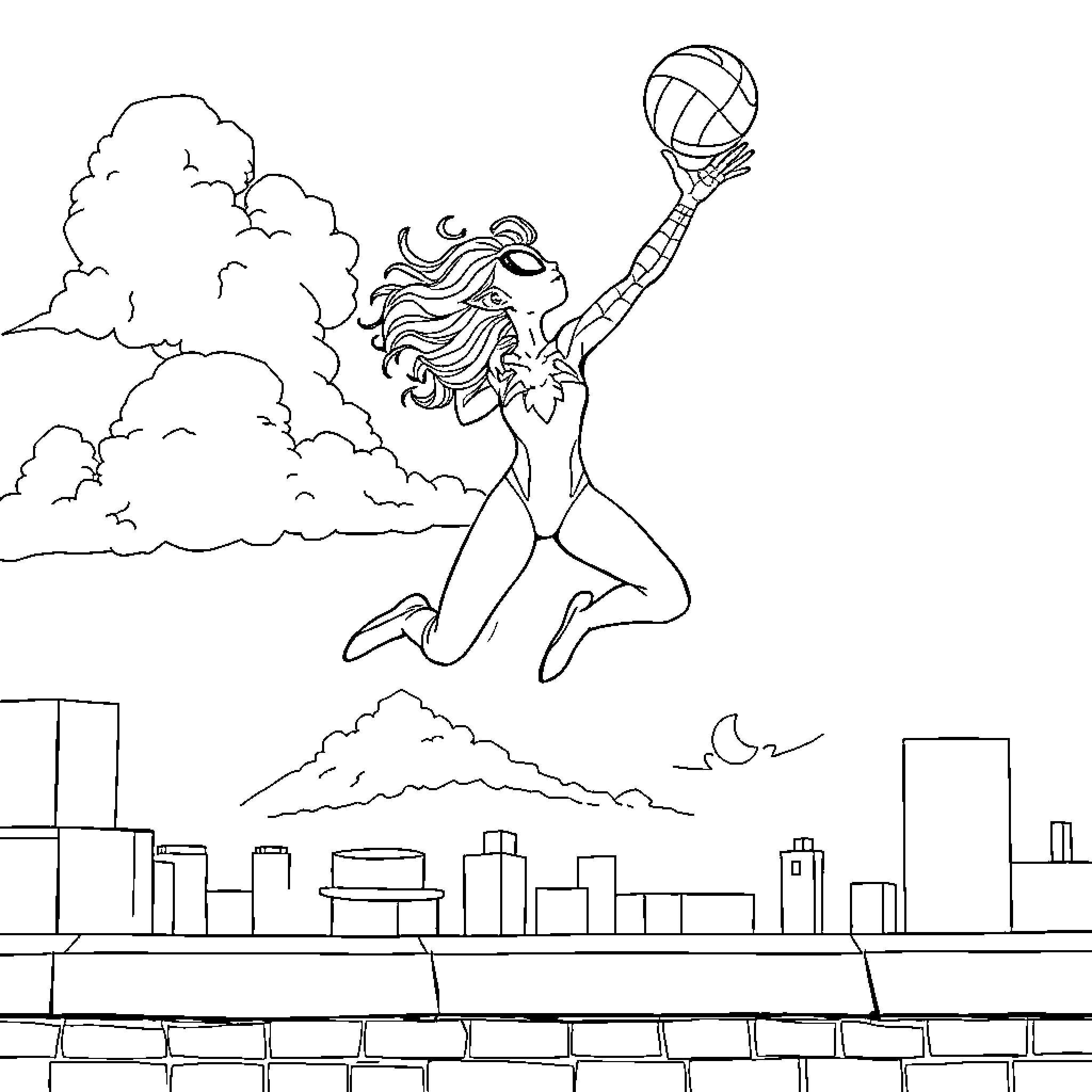Spider Gwen swinging through the city skyline Coloring Page (free black-and-white line drawing printable PDF for all, from beginners to advanced learners, including children, teens, adults, and seniors)