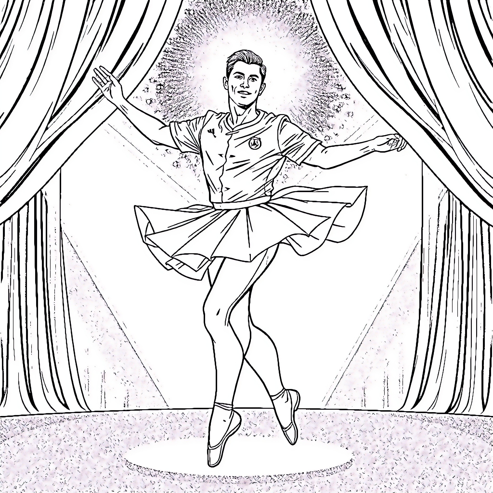 Ronaldo's Graceful Dance Performance on Stage Coloring Page (free black-and-white line drawing printable PDF for all, from beginners to advanced learners, including children, teens, adults, and seniors)