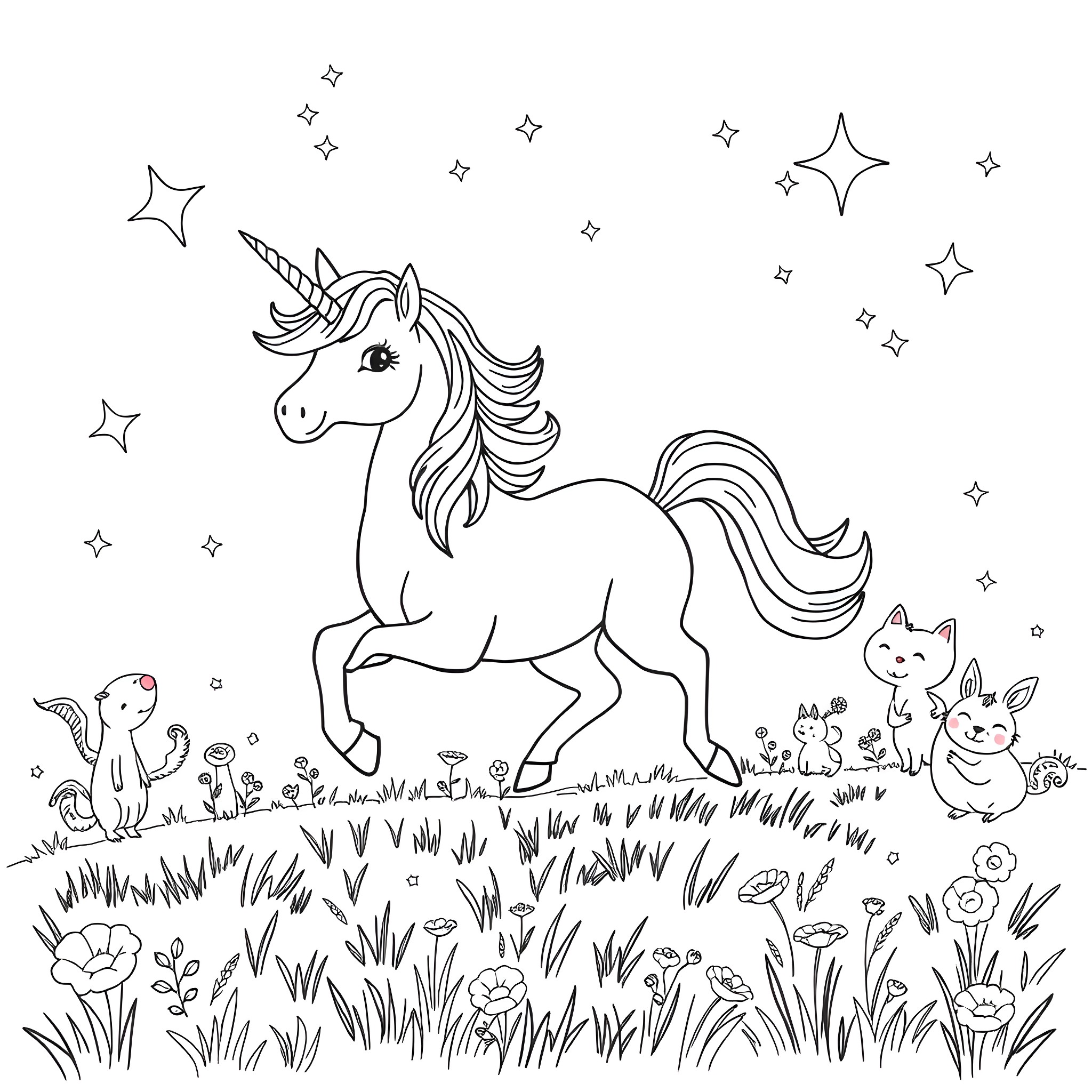 Unicorn prancing among enchanted forest creatures Coloring Page (free black-and-white line drawing printable PDF for all, from beginners to advanced learners, including children, teens, adults, and seniors)