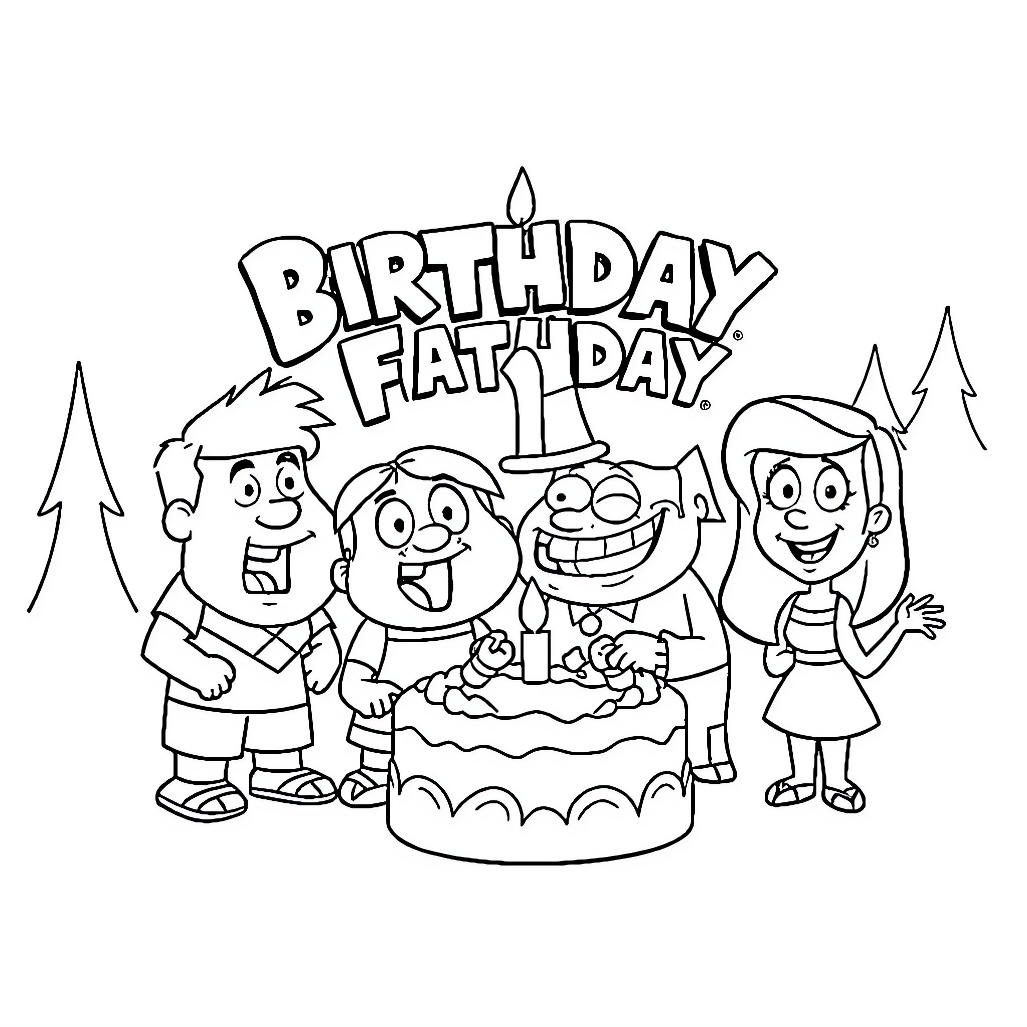 Gravity Falls Friends Celebrate Birthday Coloring Page (free black-and-white line drawing printable PDF for all, from beginners to advanced learners, including children, teens, adults, and seniors)