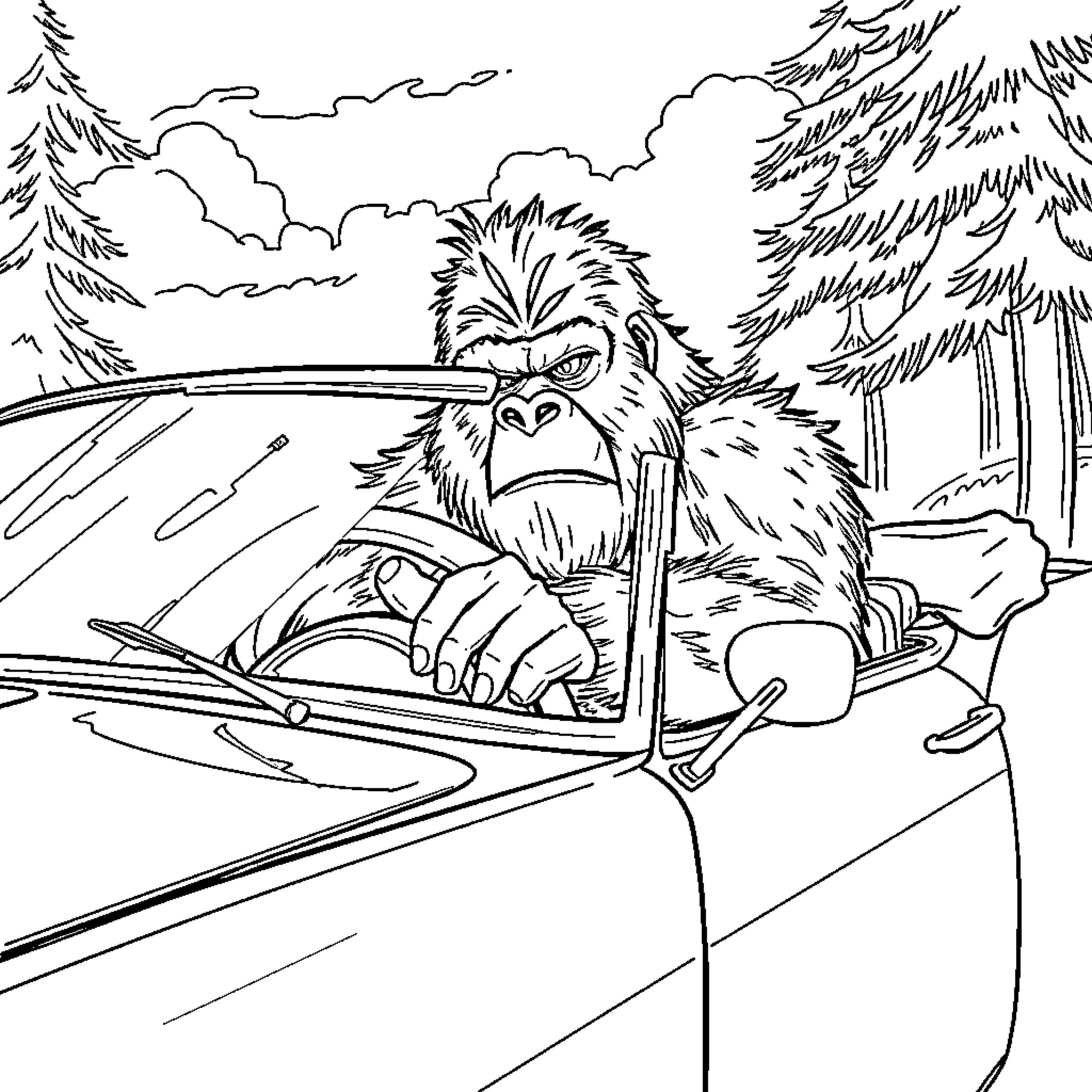 Bigfoot driving a sports car through the forest Coloring Page (free black-and-white line drawing printable PDF for all, from beginners to advanced learners, including children, teens, adults, and seniors)