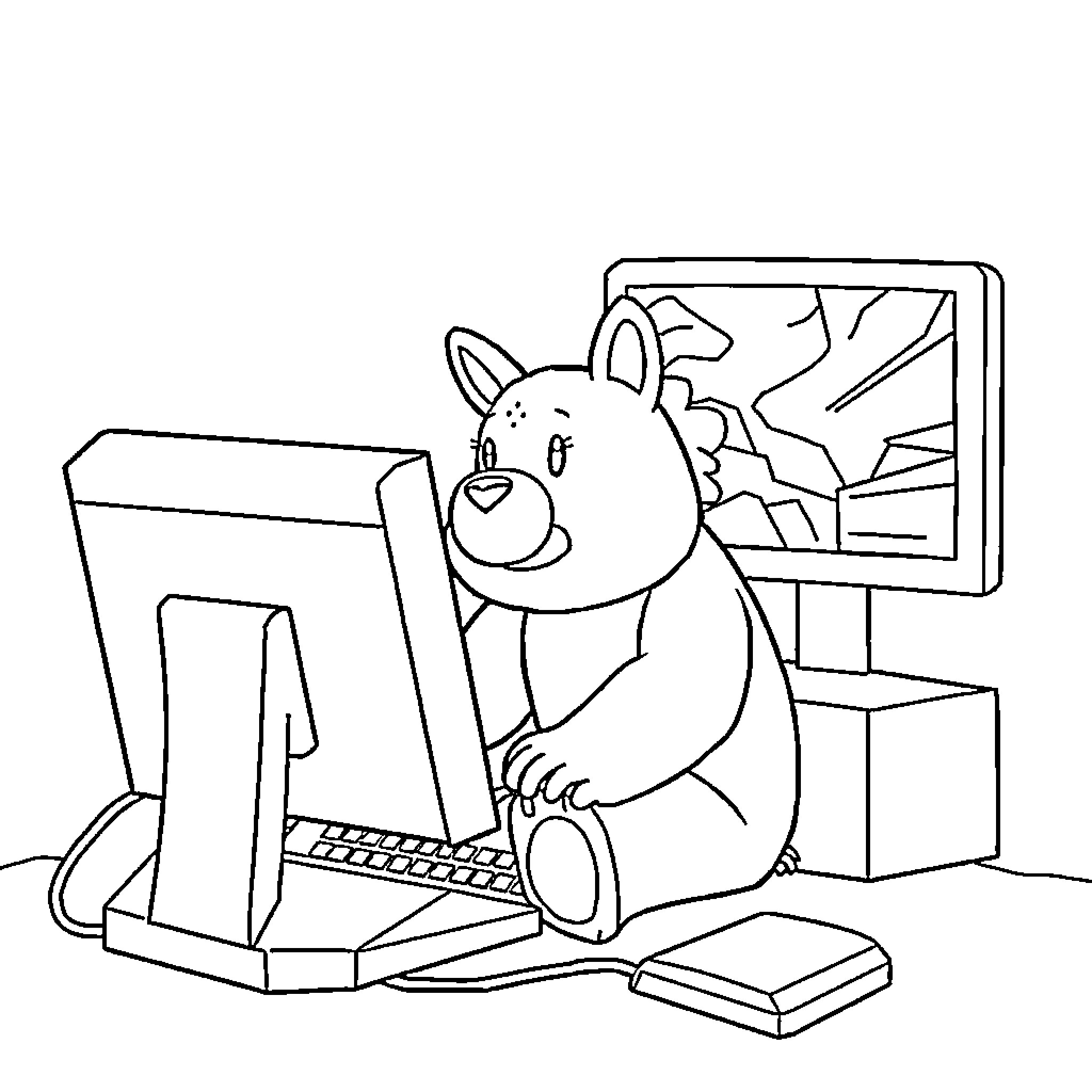 Capybara using a computer in an office Coloring Page (free black-and-white line drawing printable PDF for all, from beginners to advanced learners, including children, teens, adults, and seniors)