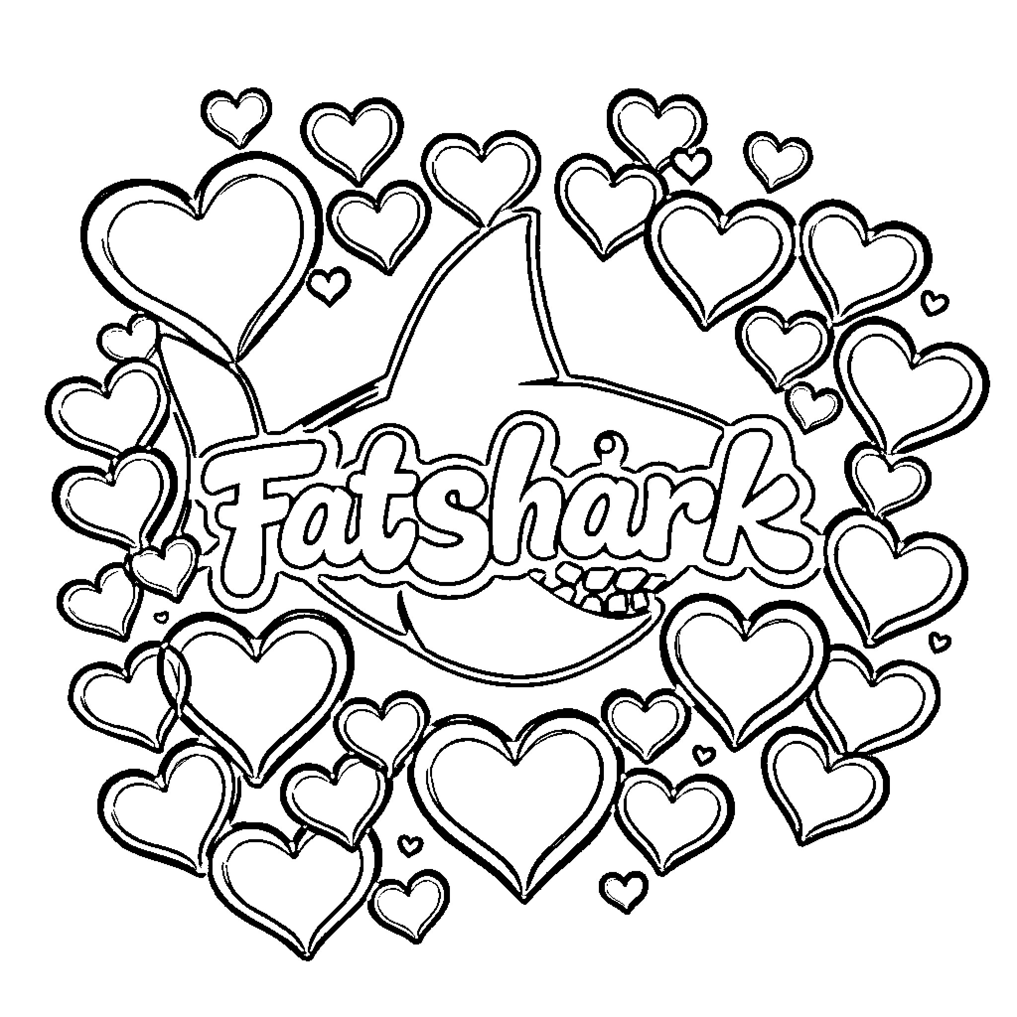 Fatshark surrounded by hearts Coloring Page (free black-and-white line drawing printable PDF for all, from beginners to advanced learners, including children, teens, adults, and seniors)