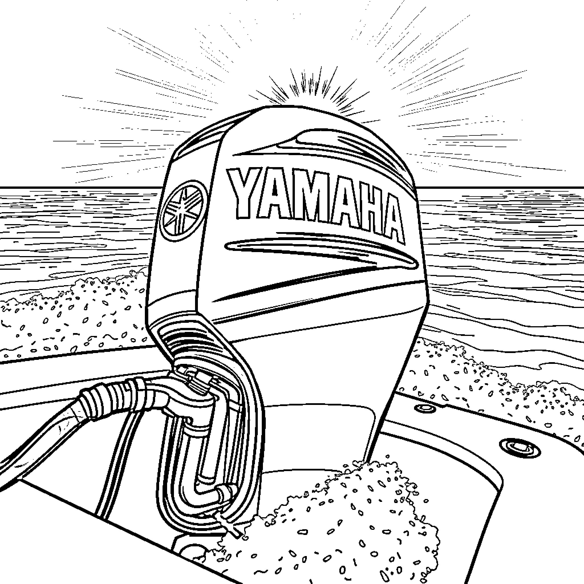 Boat Motor on the Beachside Coloring Page (free black-and-white line drawing printable PDF for all, from beginners to advanced learners, including children, teens, adults, and seniors)