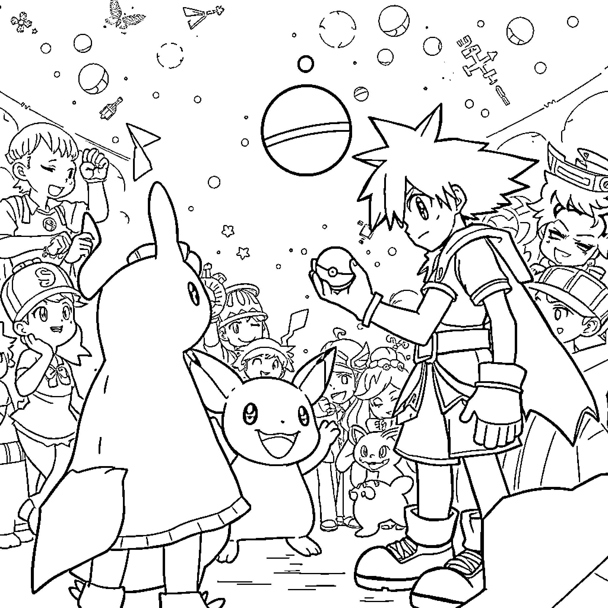 Sora and friends explore the wondrous world Coloring Page (free black-and-white line drawing printable PDF for all, from beginners to advanced learners, including children, teens, adults, and seniors)