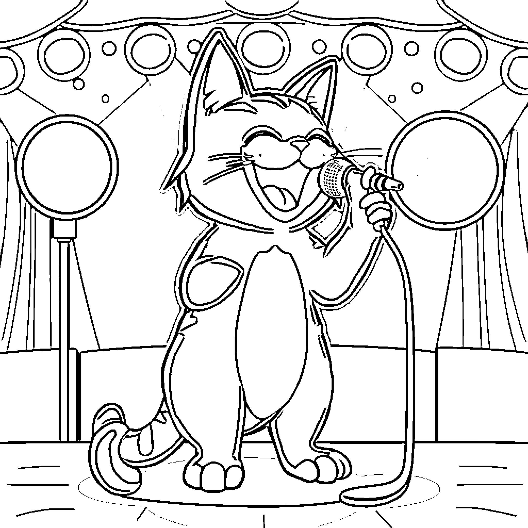 Spirigatito singing on stage with microphone Coloring Page (free black-and-white line drawing printable PDF for all, from beginners to advanced learners, including children, teens, adults, and seniors)