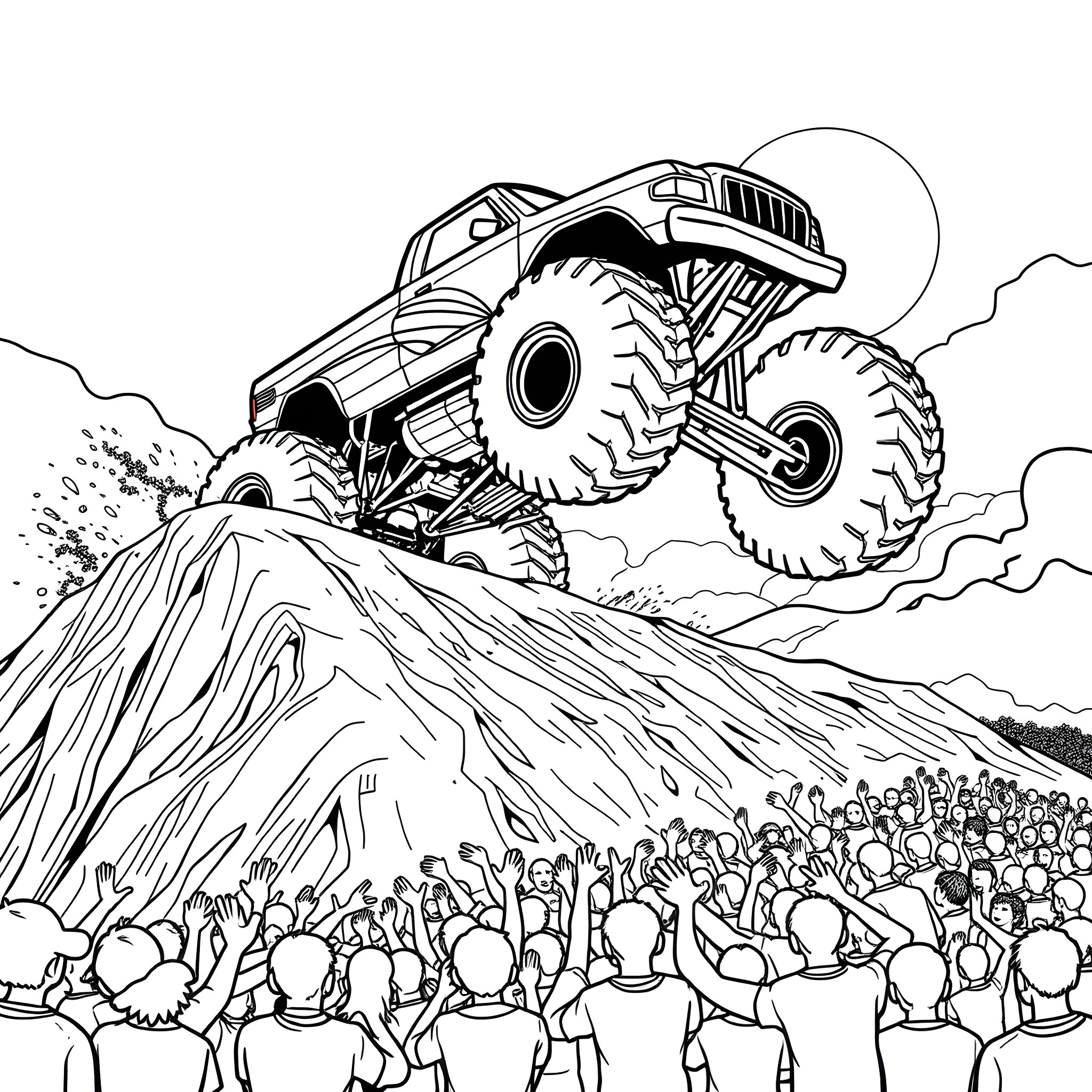 Monster Truck Jumping Over Excited Crowd Coloring Page (free black-and-white line drawing printable PDF for all, from beginners to advanced learners, including children, teens, adults, and seniors)