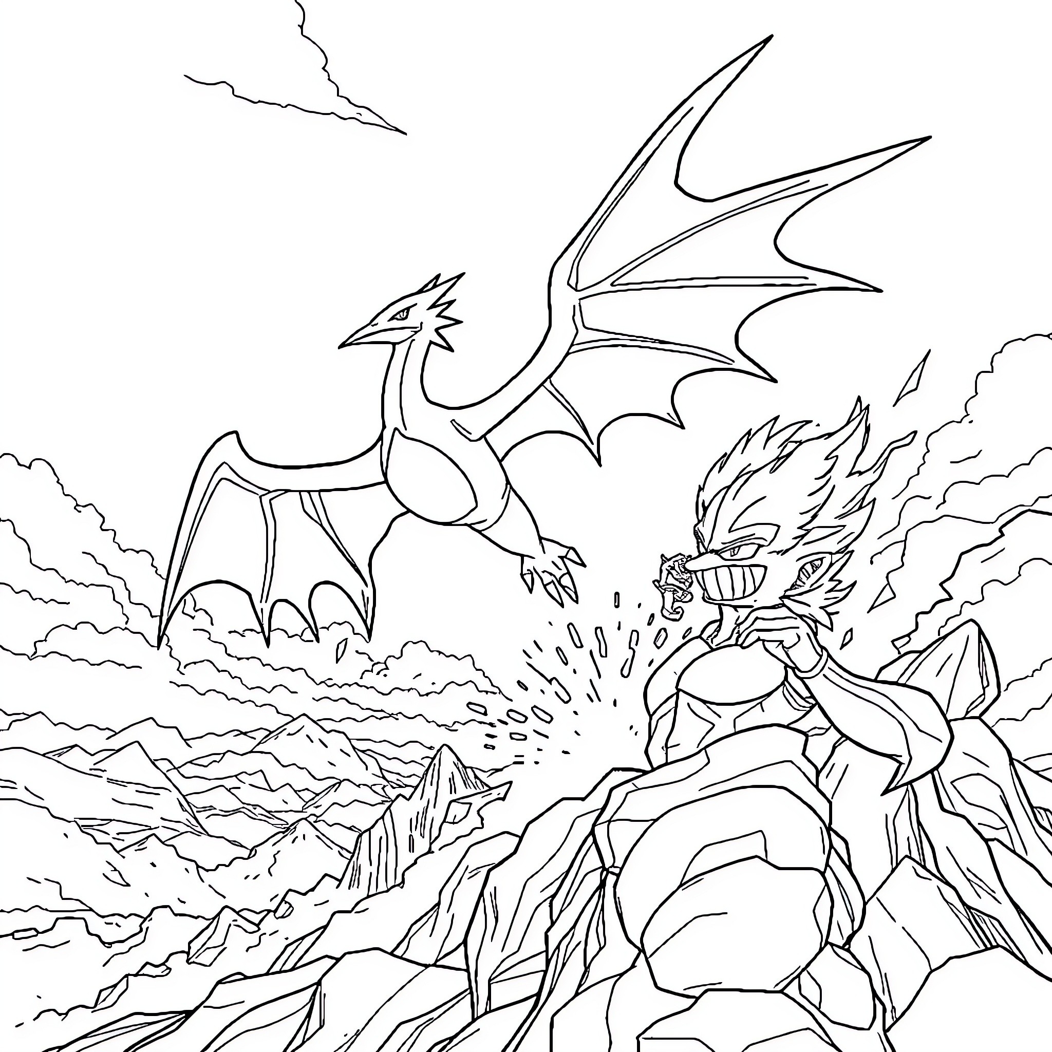 Lugia soaring through the stormy skies Coloring Page (free black-and-white line drawing printable PDF for all, from beginners to advanced learners, including children, teens, adults, and seniors)
