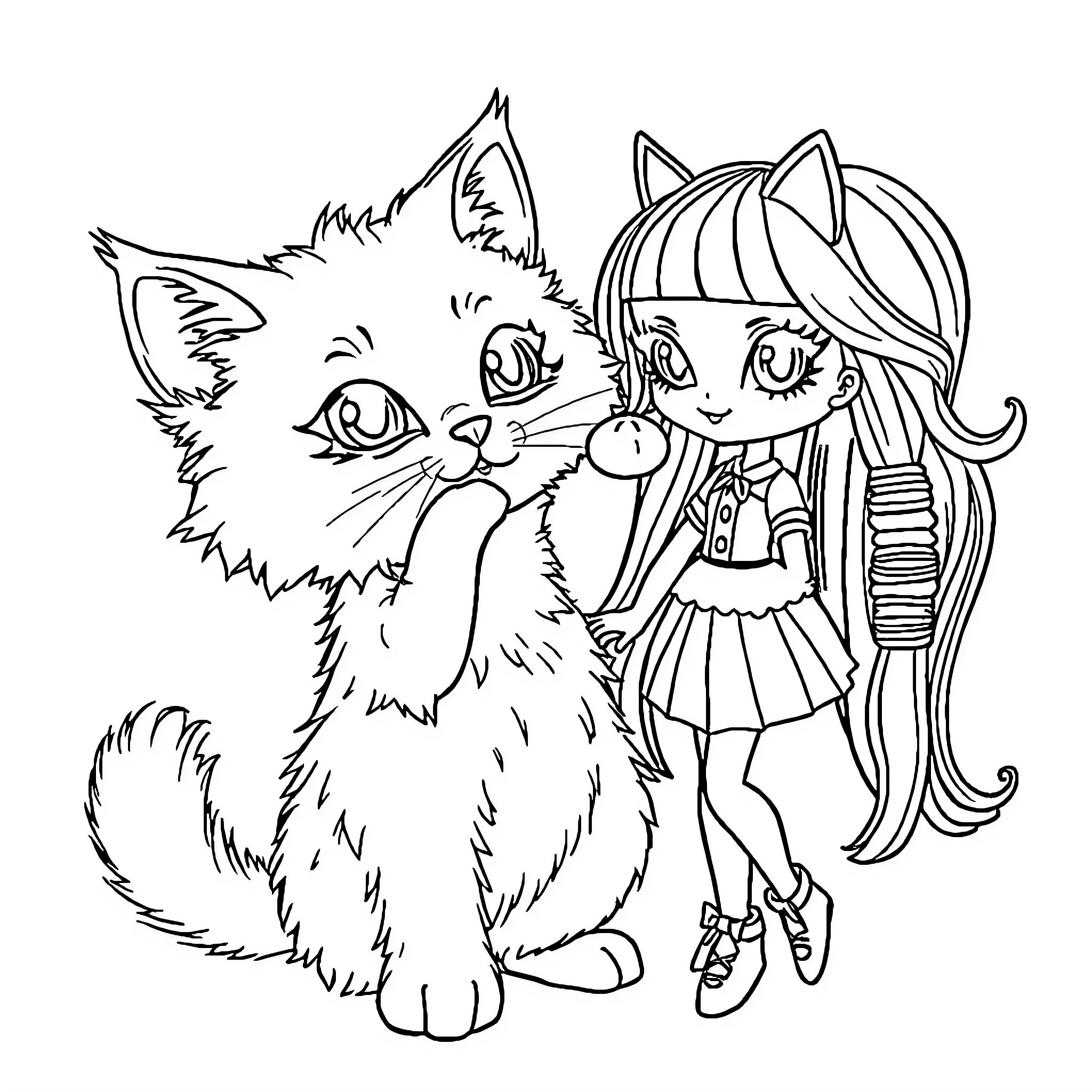 Cat and Anime-Style Girl Posing Together Coloring Page (free black-and-white line drawing printable PDF for all, from beginners to advanced learners, including children, teens, adults, and seniors)