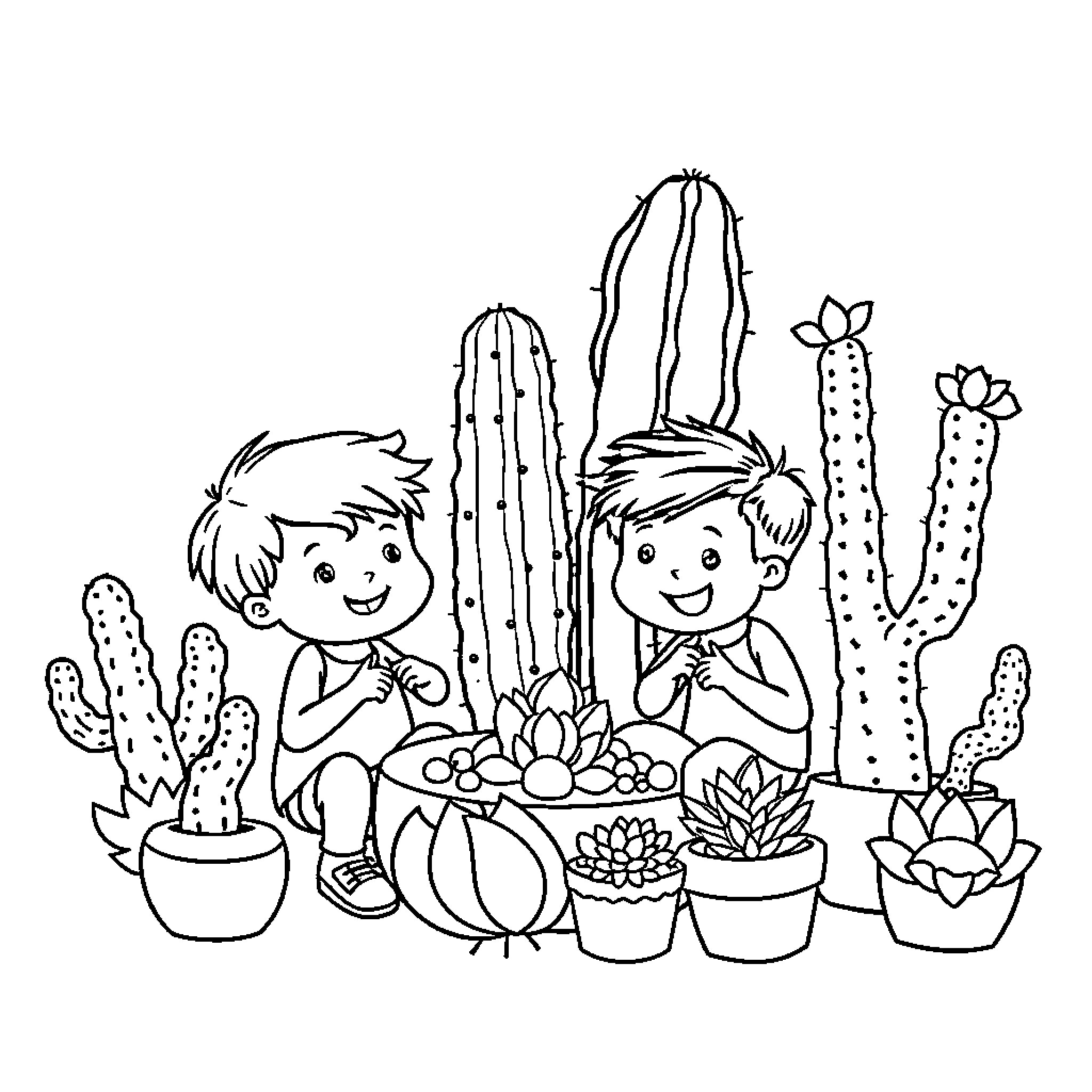 Cactus garden with cheerful children Coloring Page (free black-and-white line drawing printable PDF for all, from beginners to advanced learners, including children, teens, adults, and seniors)